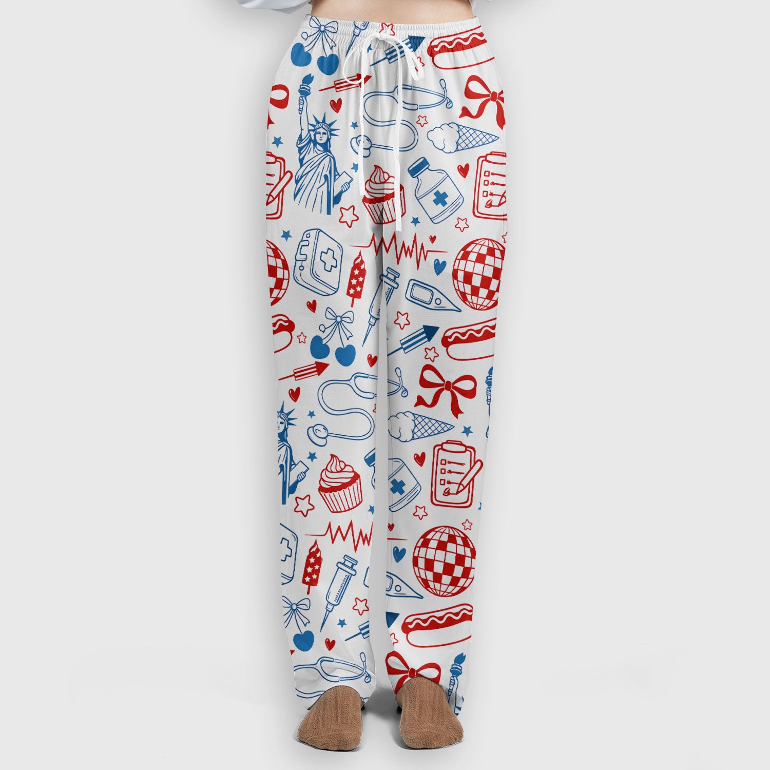 Patriotic Nurse Medical Icons Pattern Scrub Set, Scrub Pants and V Neck Top