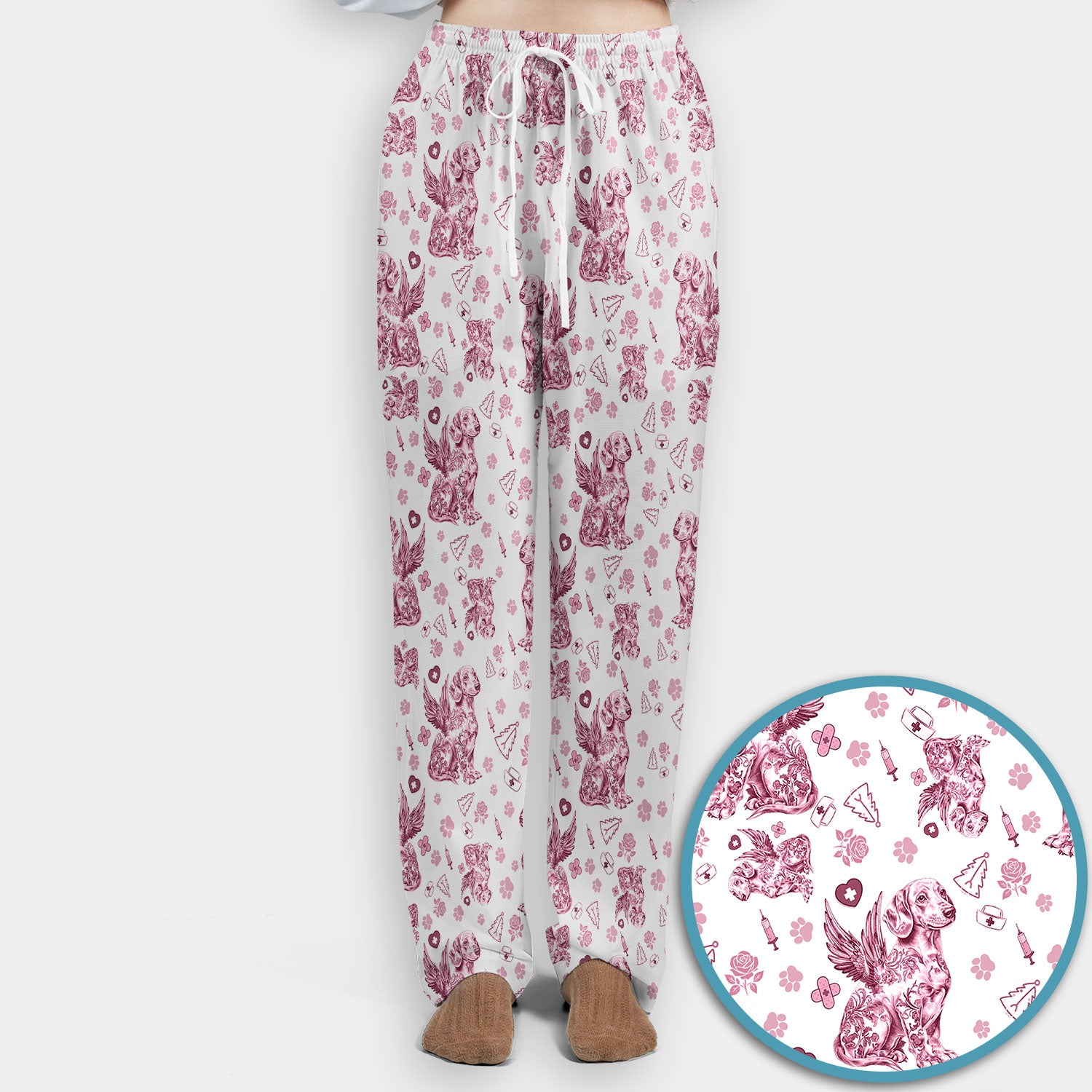 Toile de Jouy Dachshund Angel Scrub Set - Blue Vintage Wiener Dog Scrubs Pants and V Neck Top - Memorial Puppy Gift