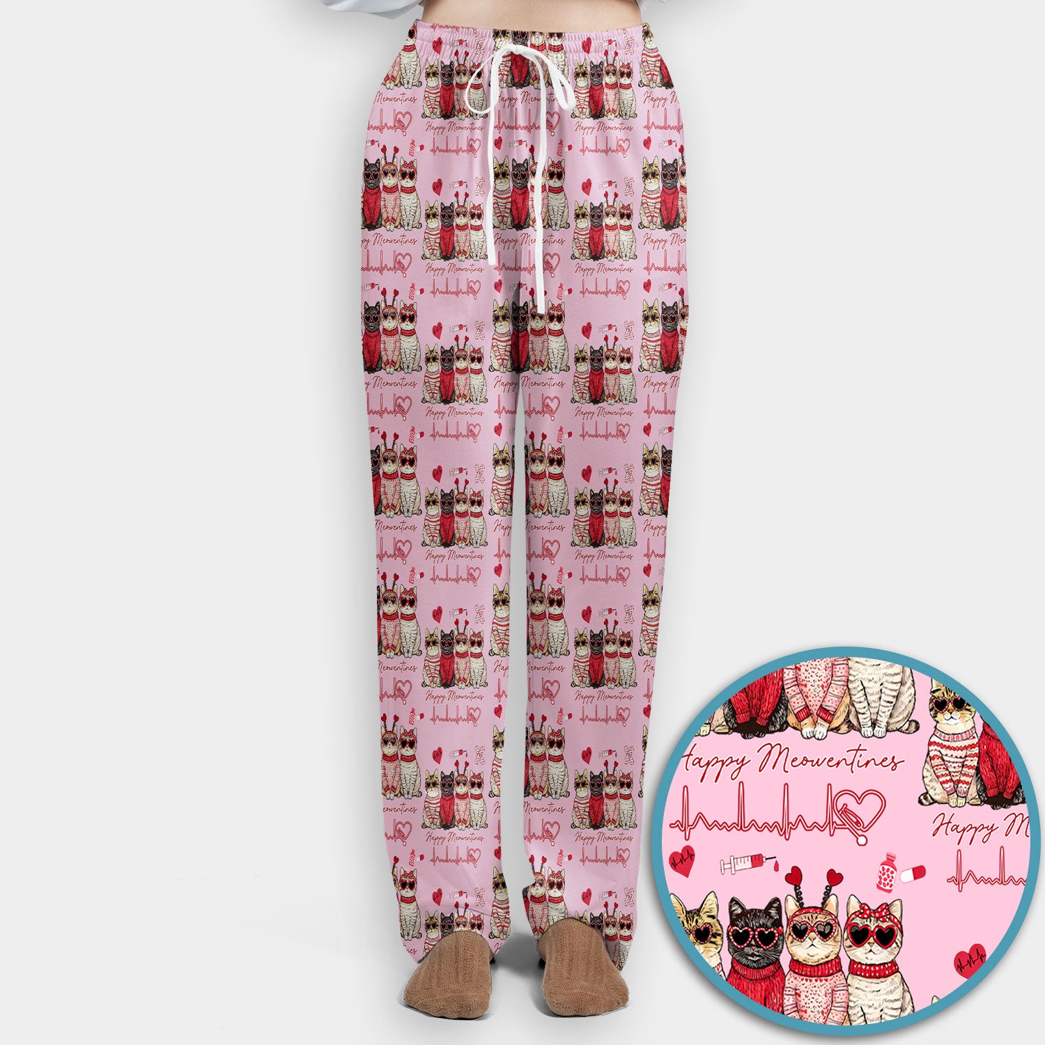 Happy Meowtines Cat Pattern Scrub Set, Valentine Cat Lover Nurse Scrub Shirt, Heartbeat Medical Pattern Nursing Uniform