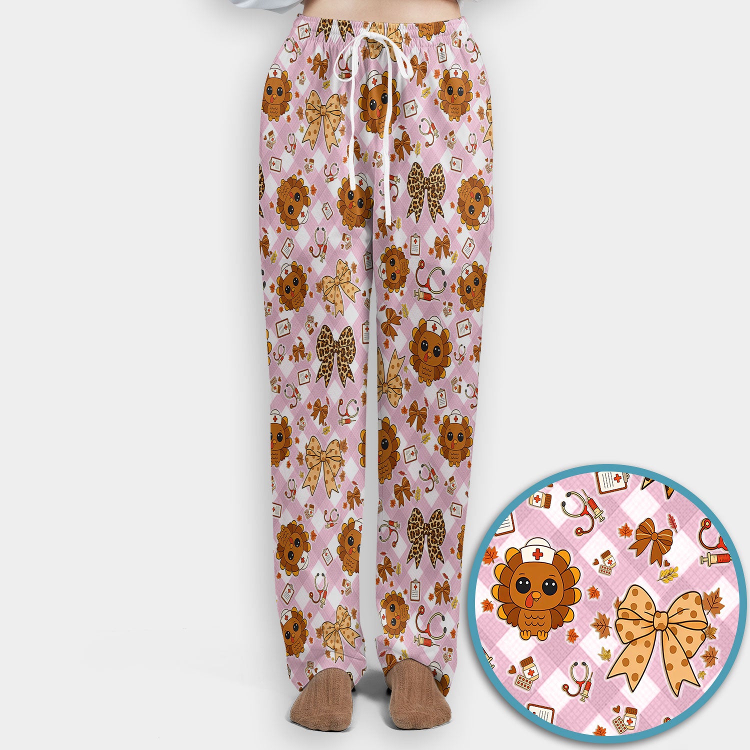 Thanksgiving Turkey Scrub Set for Nurses - Cute Fall Leaves and Bow Scrubs Pants and V Neck Top - Autumn Nursing Gift for Her