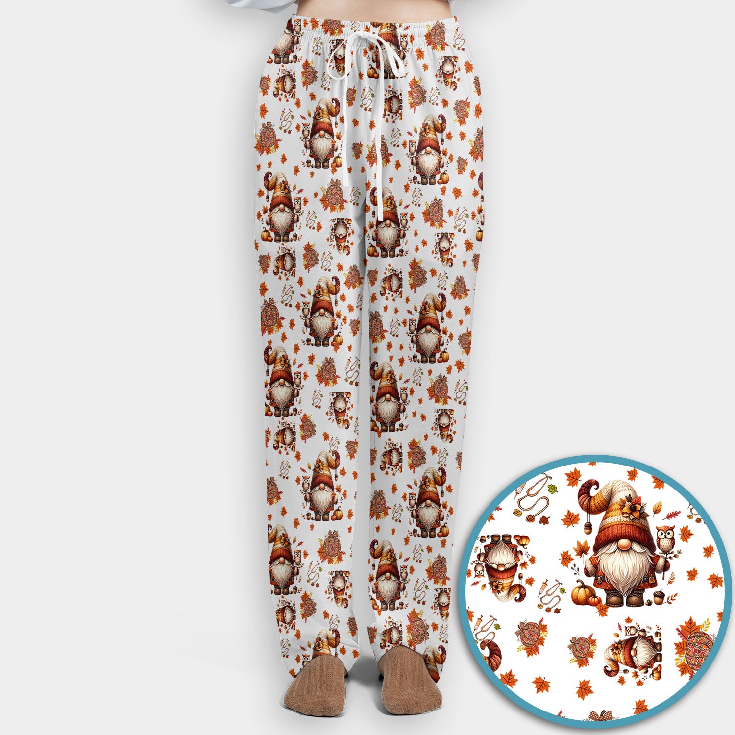 Fall Gnome Women's Scrub Sets - Autumn Leaves Pumpkin Scrub Pants and V Neck Top - Thanksgiving Nursing Uniform