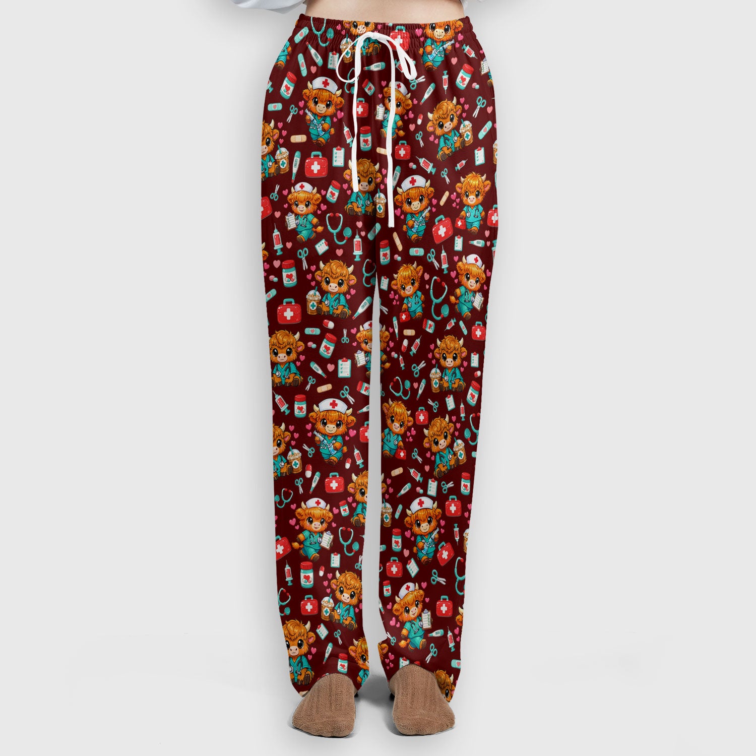 Cute Highland Cow Nurse Scrub Set, Kawaii Medical Pattern Shirt, Breathable Fabrics Nursing Uniform