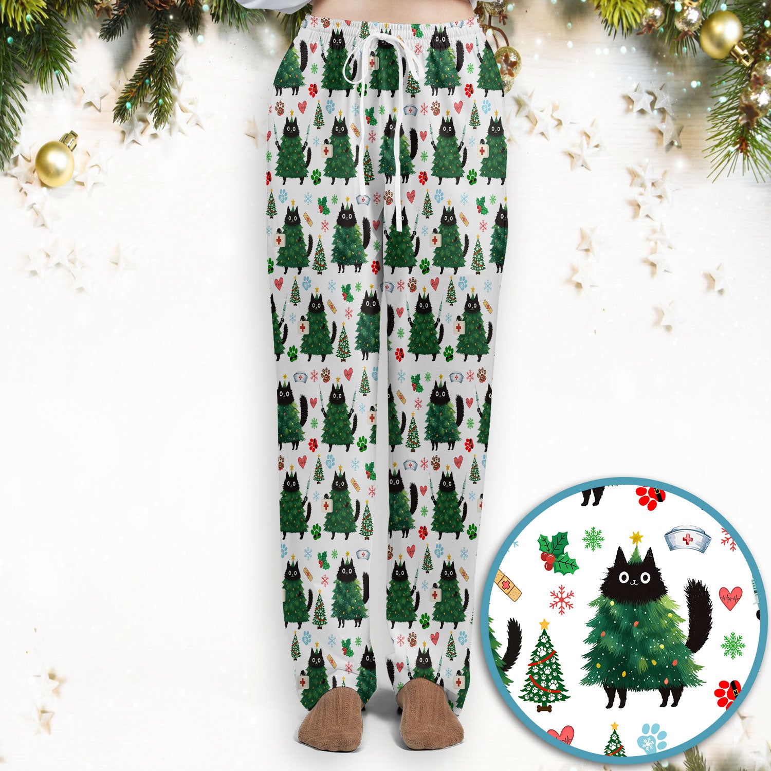Christmas Nurse Scrub Set, Xmas Black Cat Pattern Nurse Shirt,  Breathable Fabrics Nursing Uniform