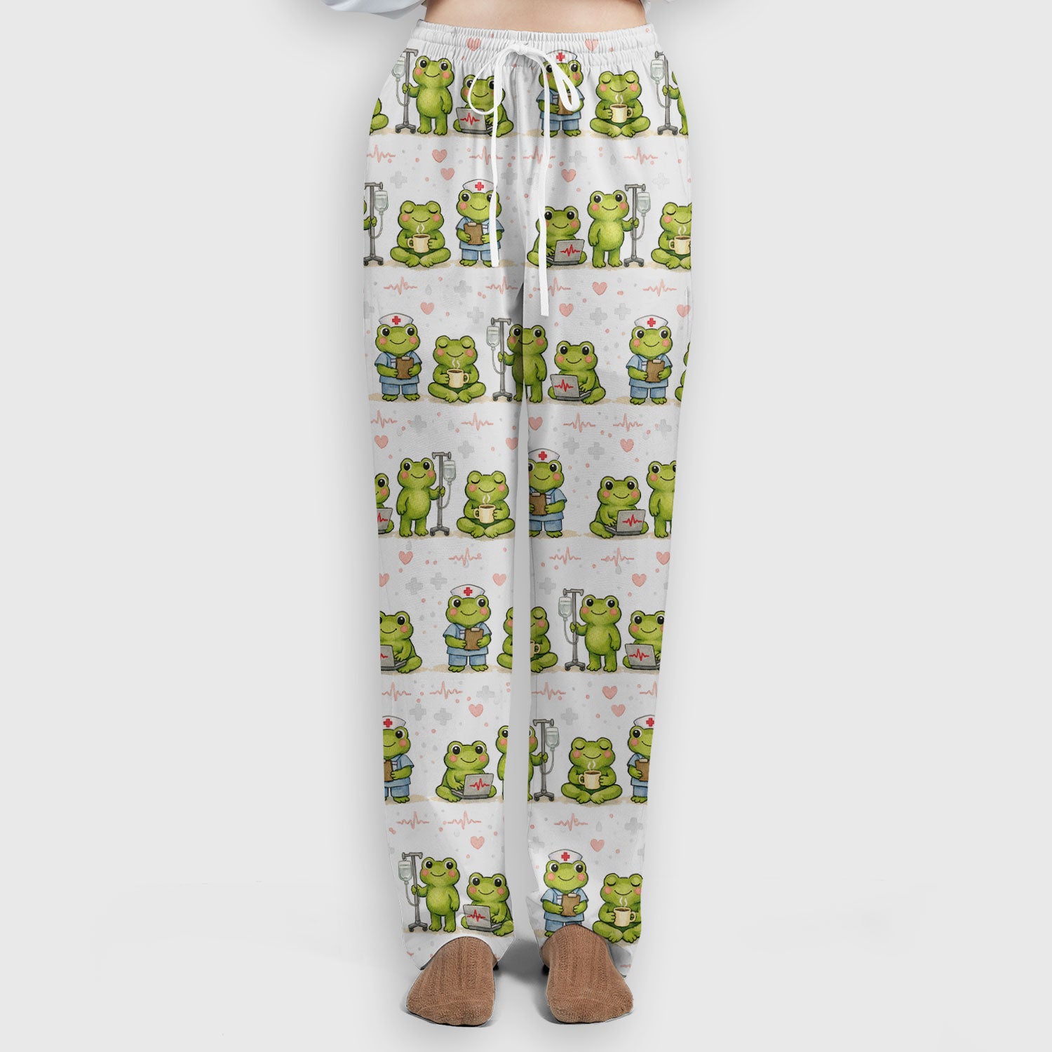 Adorable Frog Nurse Various Poses Print Scrub Set, Breathable Med Uniform