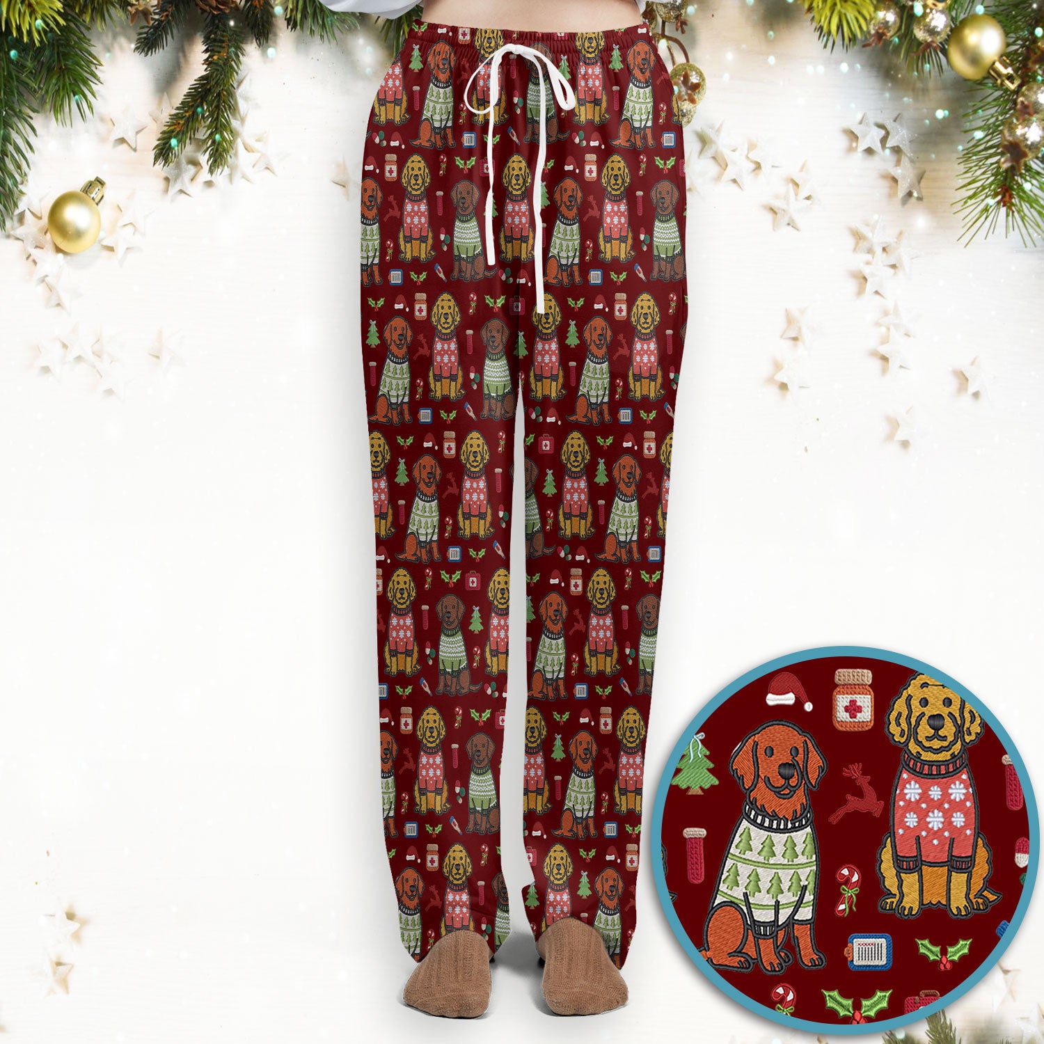 Golden Retriever Christmas Scrub Set, Cute Holiday Dog Nurse Pattern Shirt, Breathable Fabrics Nursing Uniform