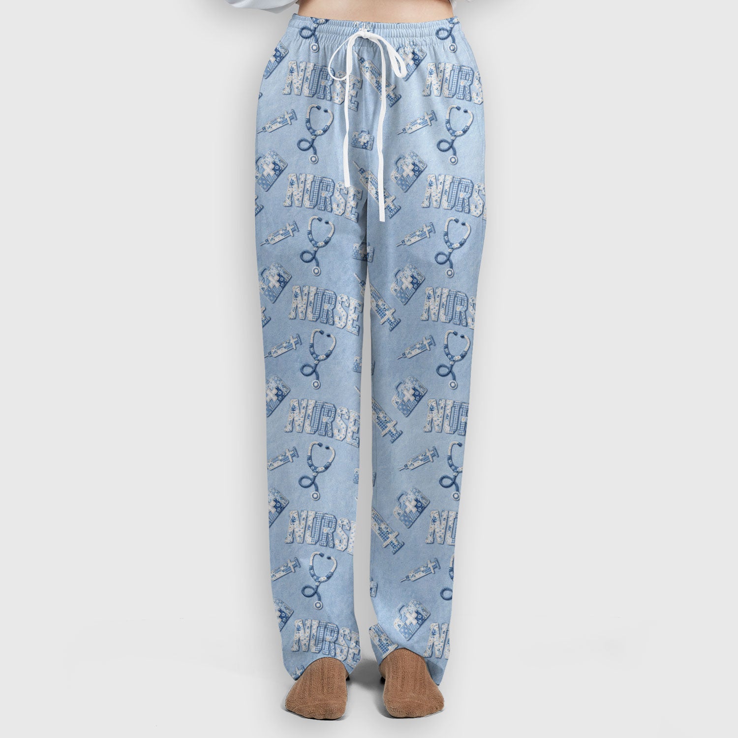 Blue Nurse Medical Pattern Scrub Set, Scrub Pants and V Neck Top