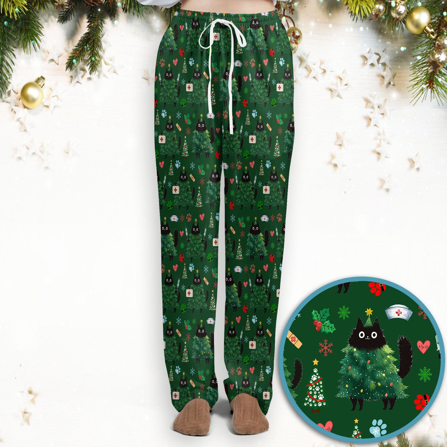 Christmas Nurse Scrub Set, Xmas Black Cat Pattern Nurse Shirt,  Breathable Fabrics Nursing Uniform