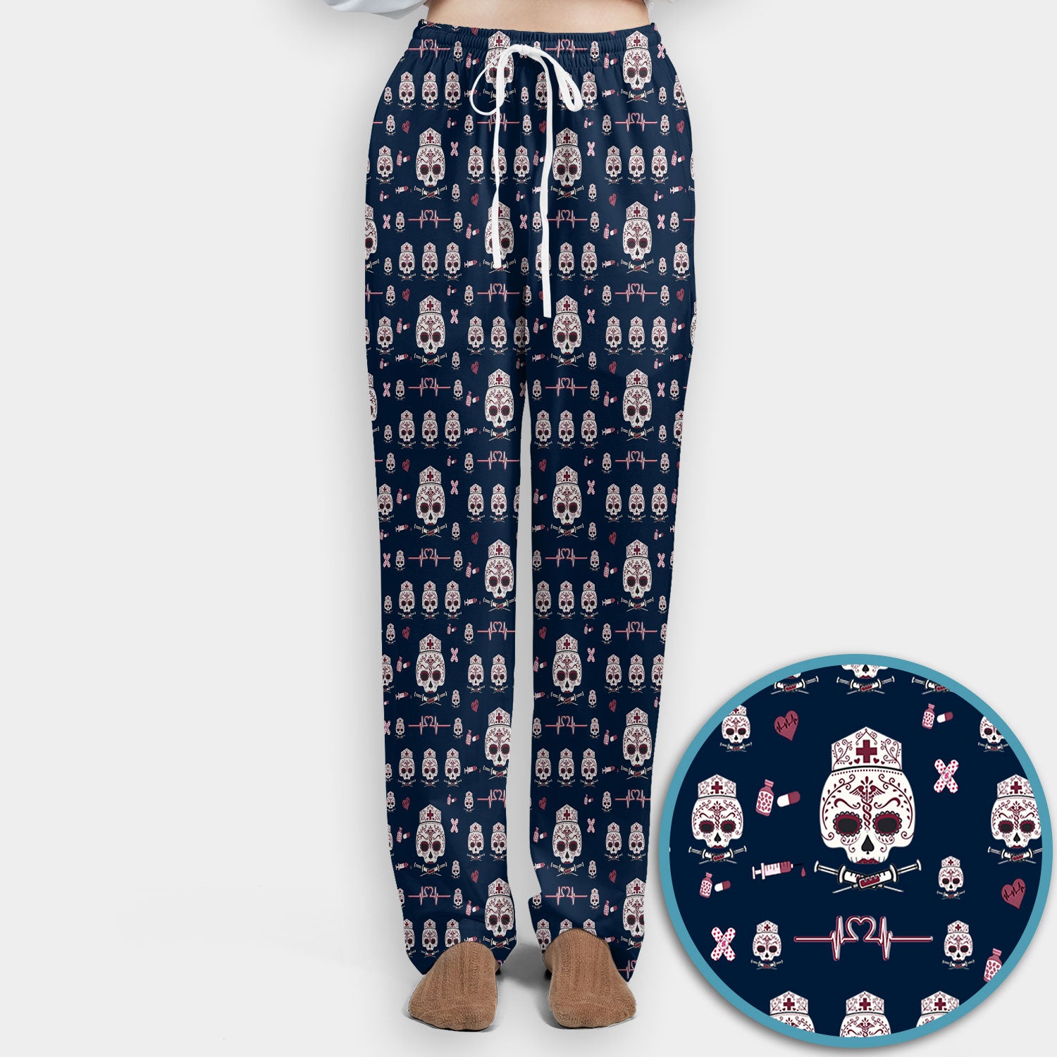 Sugar Skull Scrub Set, Skull Pattern Scrub Shirt, Breathable Fabrics Nursing Uniform