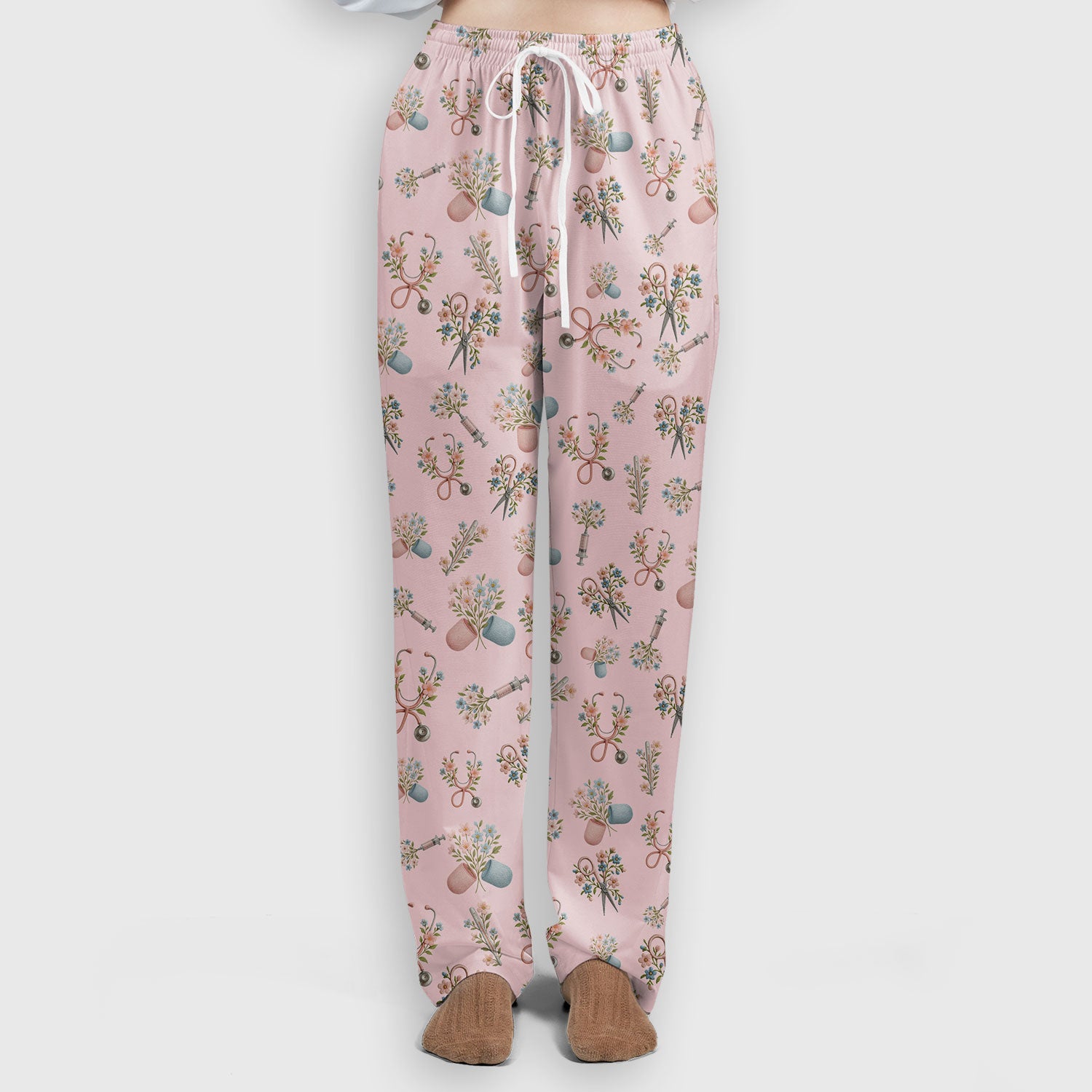 Floral Medical Scrub Set, Elegant Stethoscope With Flower Nursing Shirt, Breathable Fabrics Nurse Uniform