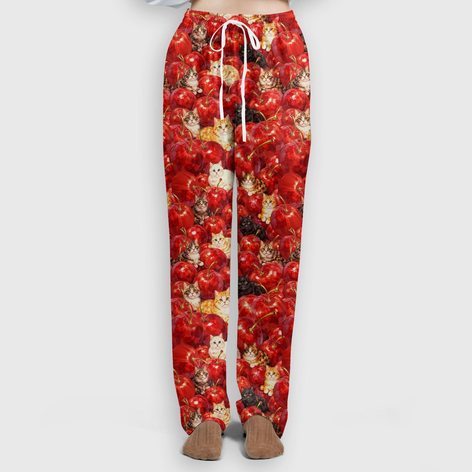 Cute Cat Cherry Pattern Scrub Set,  Scrub Pants and V Neck Top