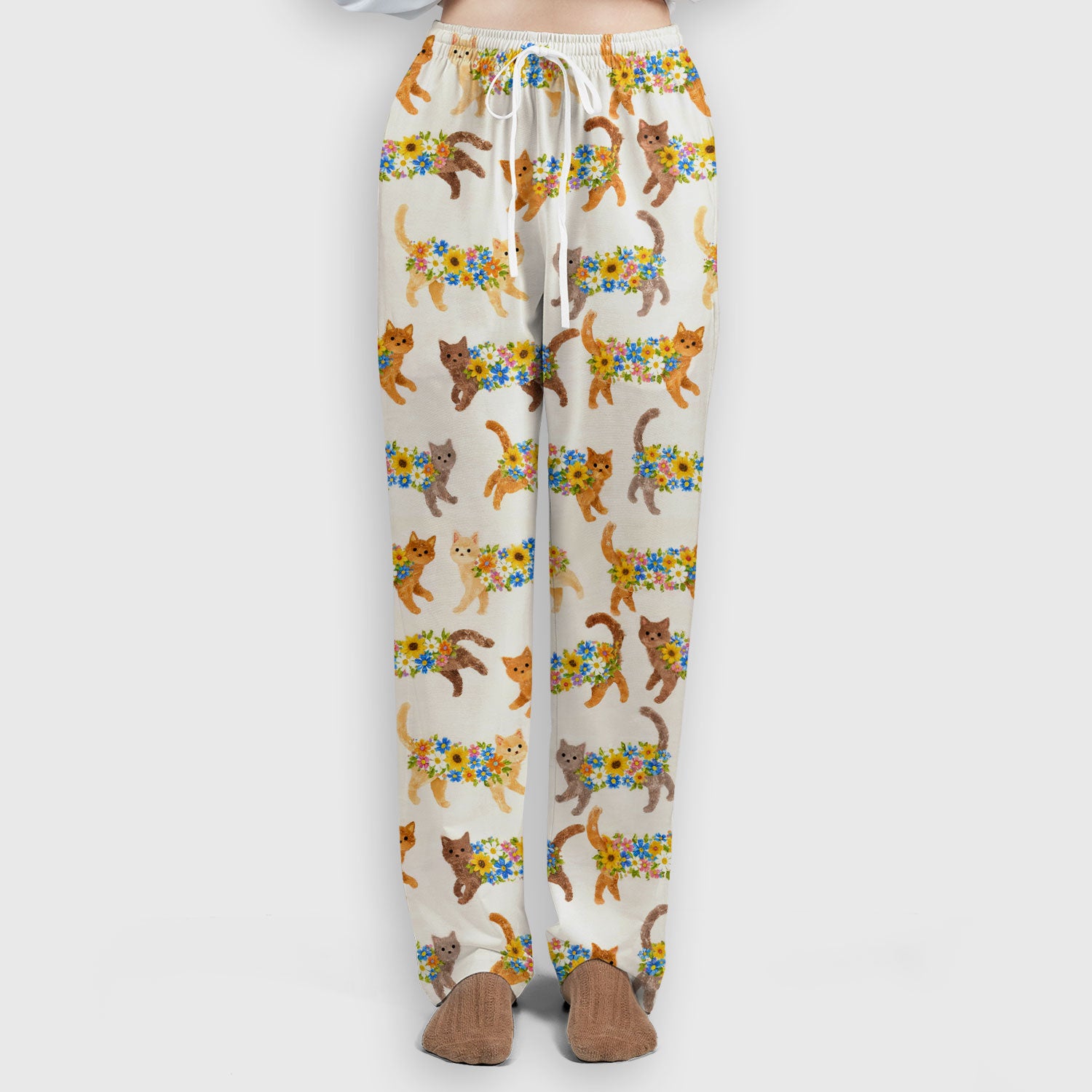 Cute Flower Filled Cat Pattern Scrub Set, Scrub Pants and V Neck Top
