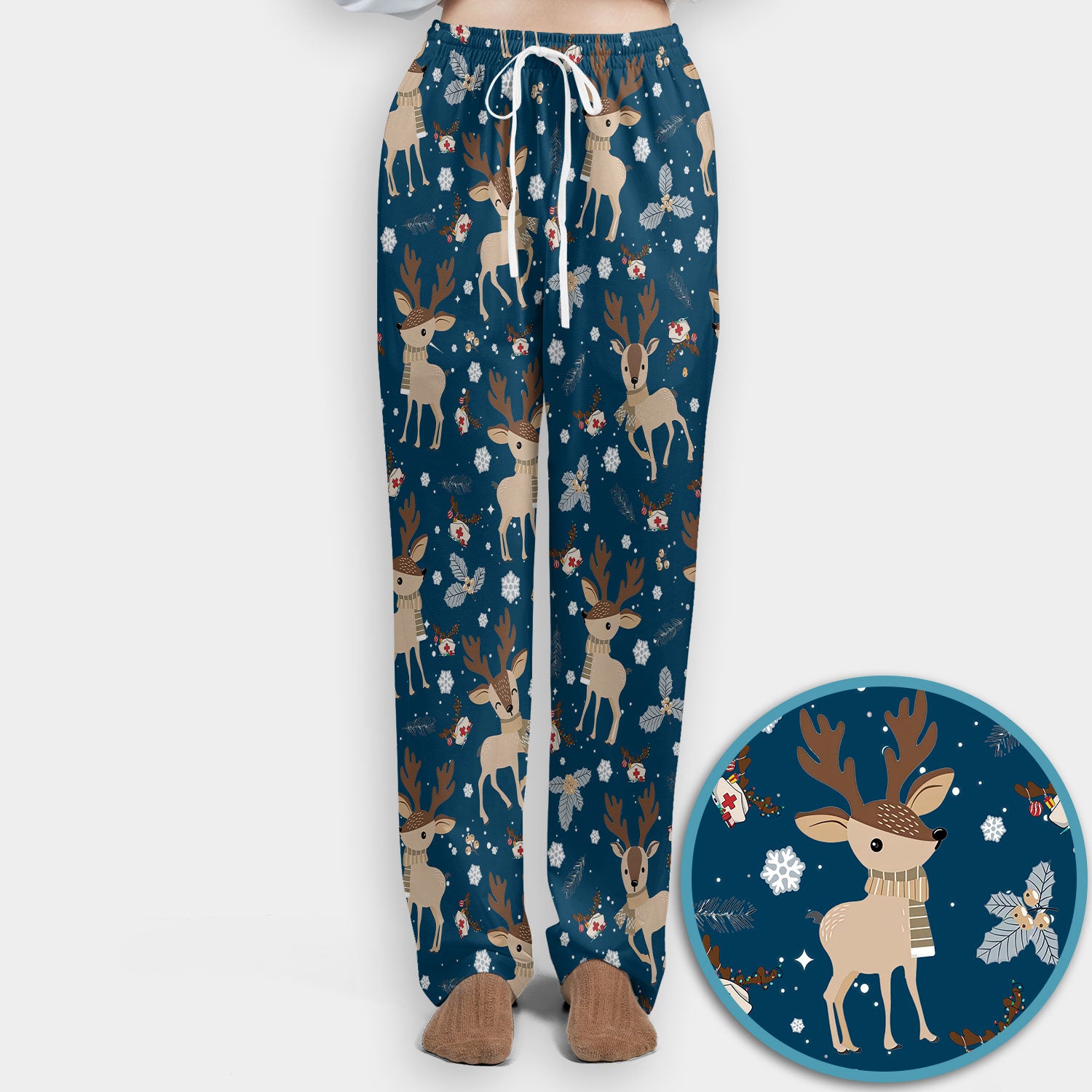 Reindeer Christmas Scrub Set - Cozy Beige Holiday Nurse Shirt with Cute Deer Pattern - Festive Medical Scrubs Pants and V Neck Top