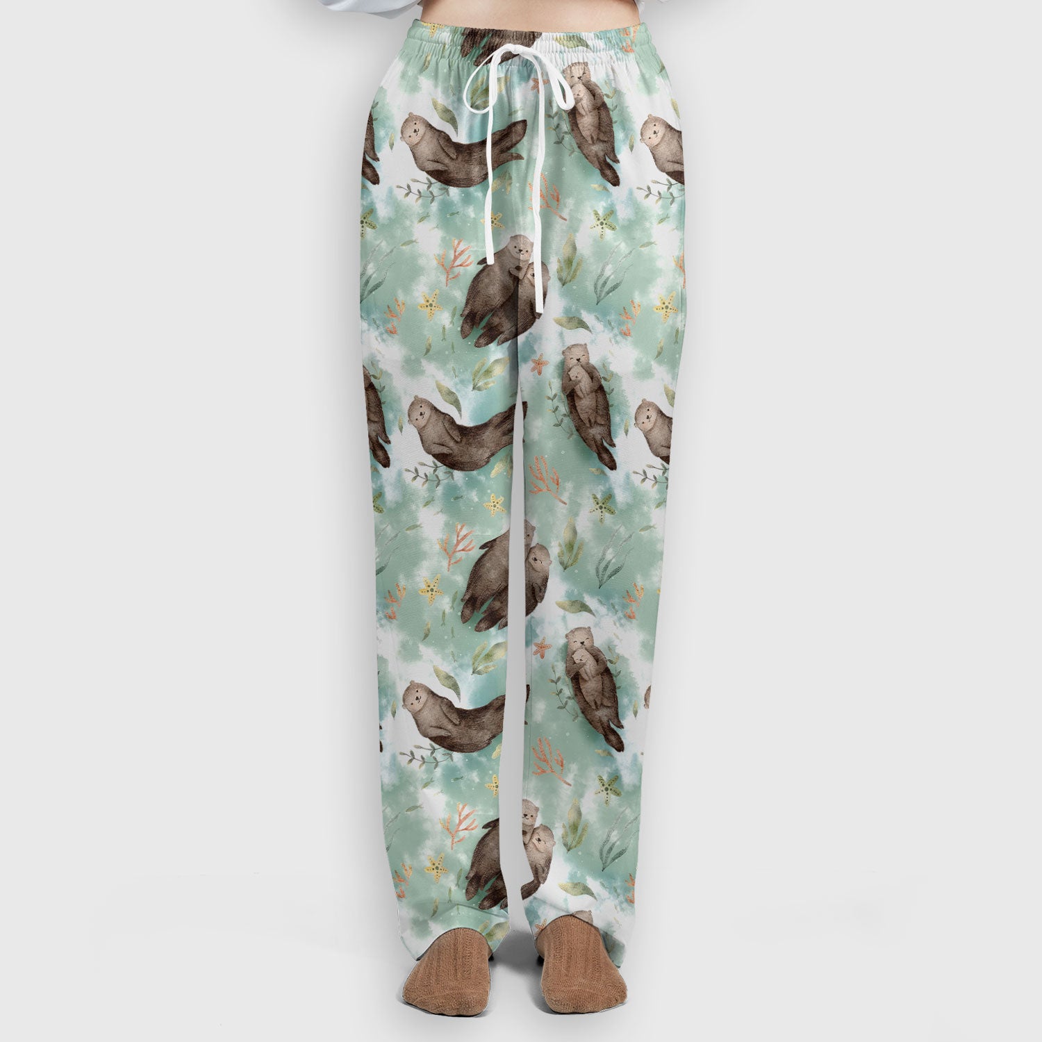 Cute Sea Otter Watercolor Print Scrub Set, Scrub Pants and V Neck Top
