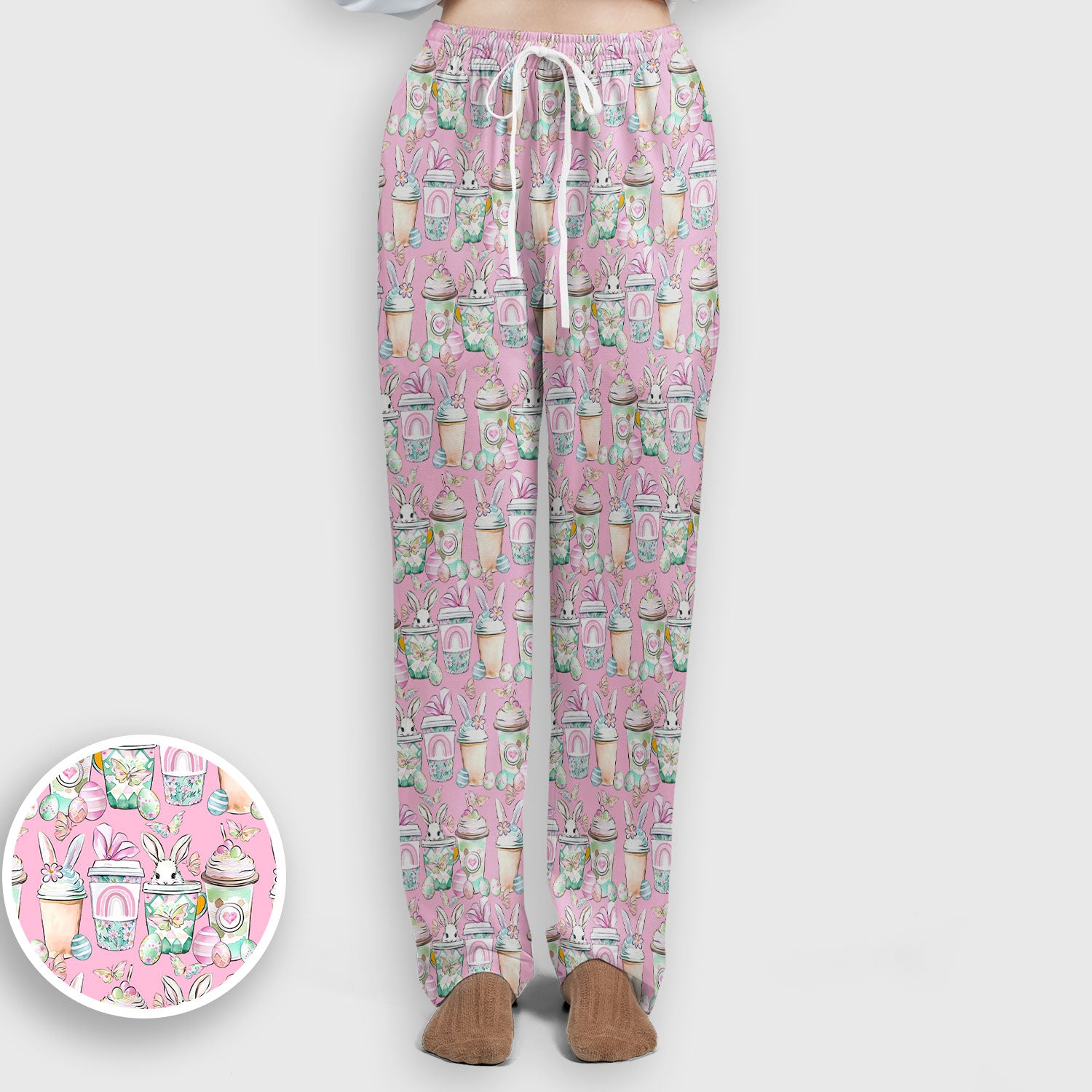 Cute Easter Bunny Coffee Cup Pattern Scrub Sets, Scrub Pants and V Neck Top