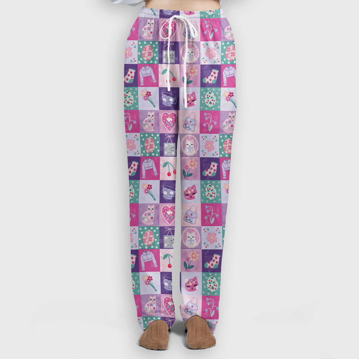 Pastel Cat Patchwork Scrub Set,  Kawaii Floral Scrub Pants and V Neck Top