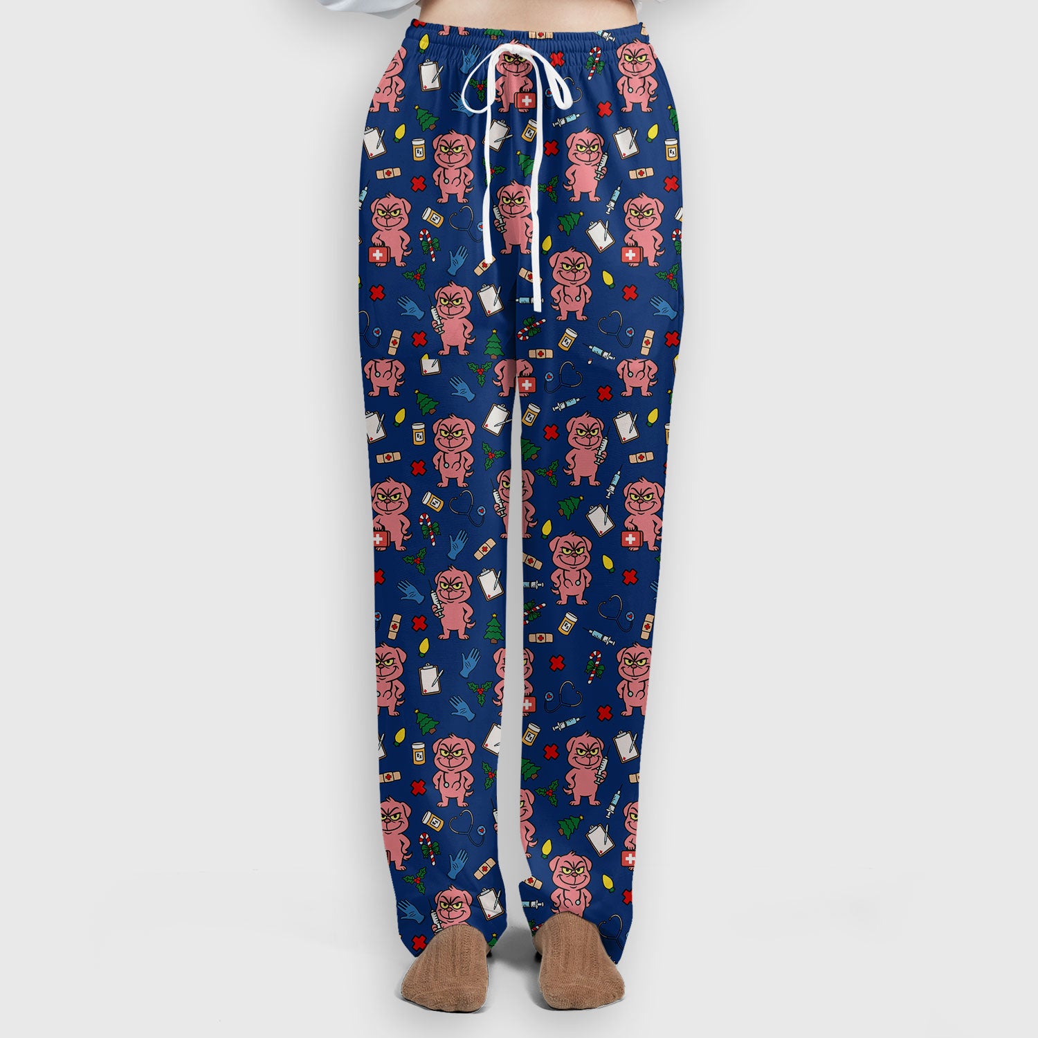 Christmas Scrub Set for Nurses - Funny Pink Dog Pattern - Holiday Nurse Scrubs with Tree, Bandage and Stethoscope Print