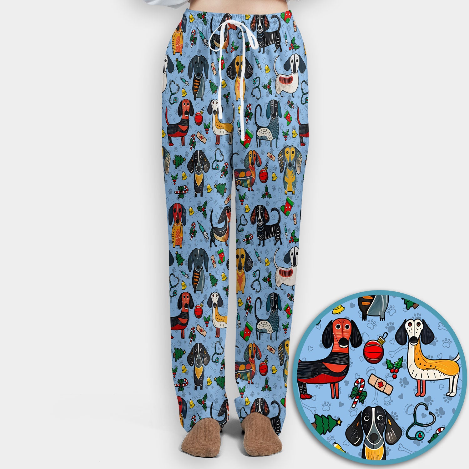 Christmas Wiener Dog Scrub Set - Funny Sausage Dog Pants and V Neck Top - Holiday Medical Uniform