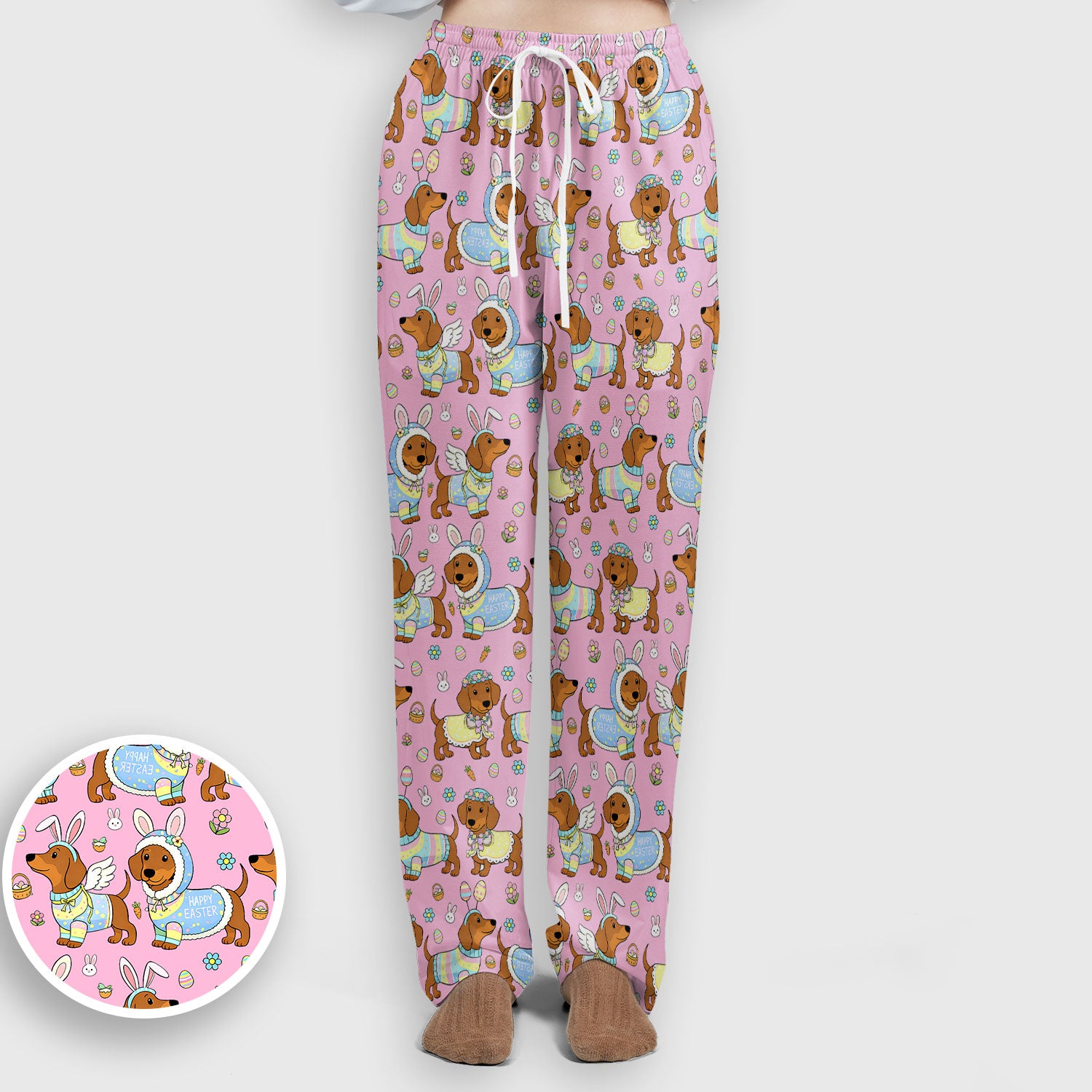 Easter Dachshund Bunny Pattern Scrub Set, Scrub Pants and V Neck Top