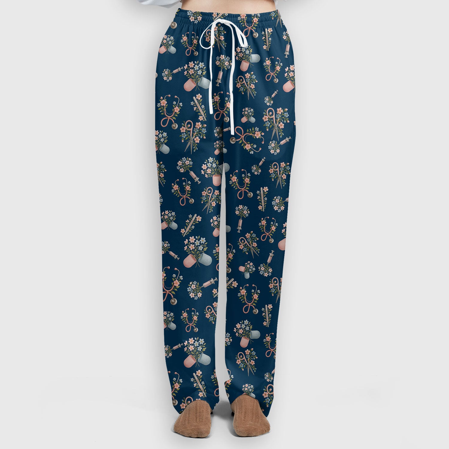 Floral Medical Scrub Set, Elegant Stethoscope With Flower Nursing Shirt, Breathable Fabrics Nurse Uniform