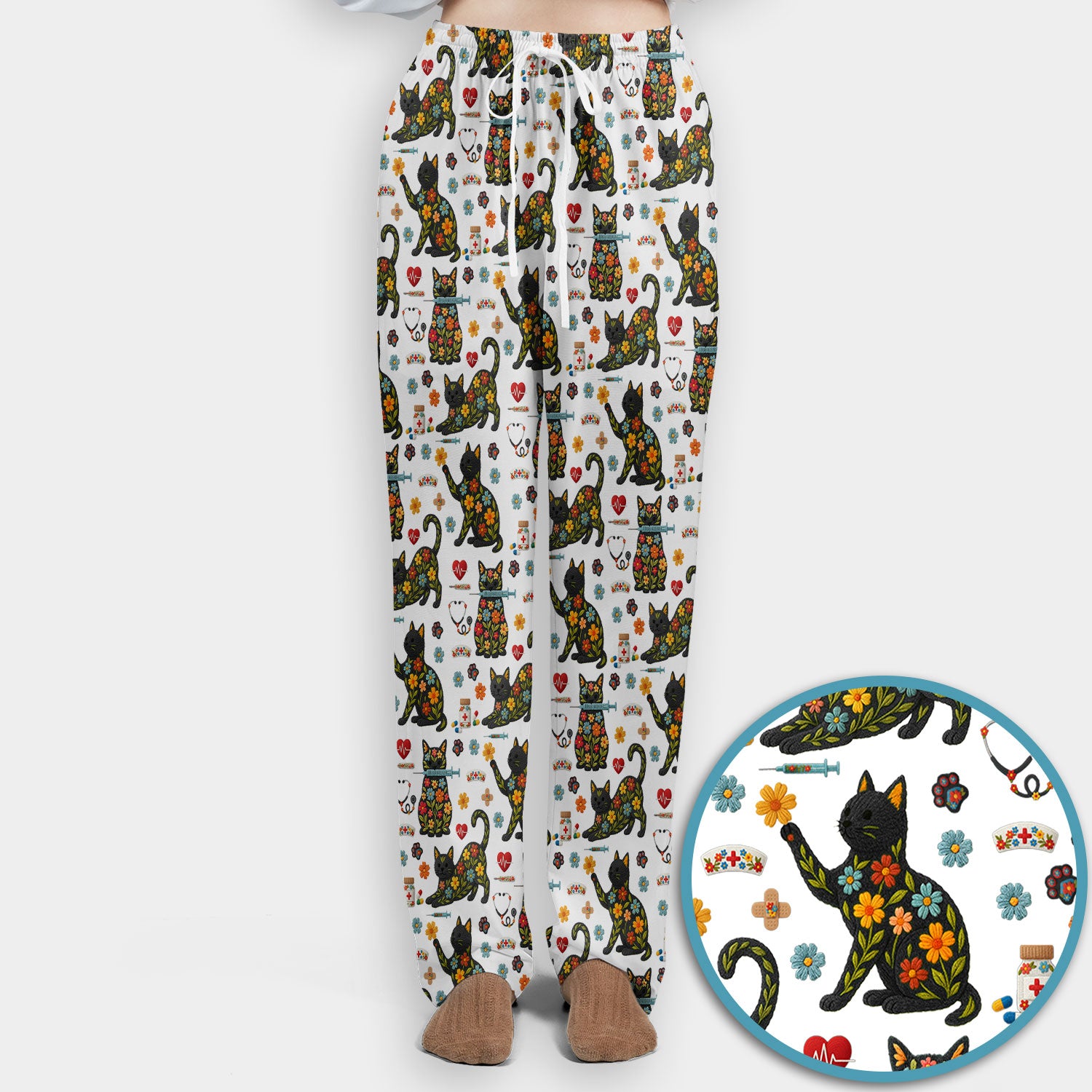 Floral Black Cat Pattern Scrub Set, Cute Cat Nurse Scrub Shirt, Medical Nursing Uniform