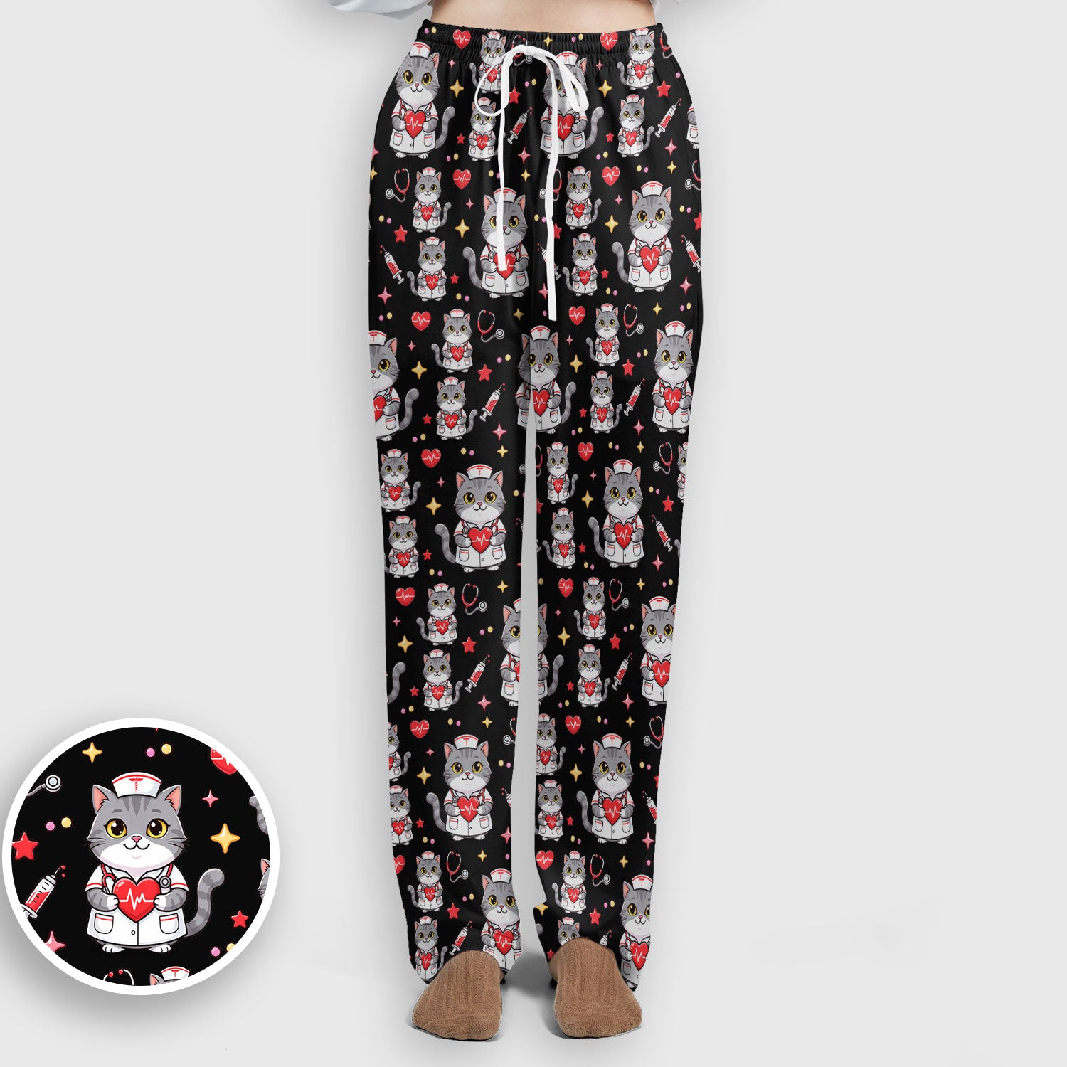 Cute Nurse Cat Heart Medical Print Scrub Set, Scrub Pants and V Neck Top