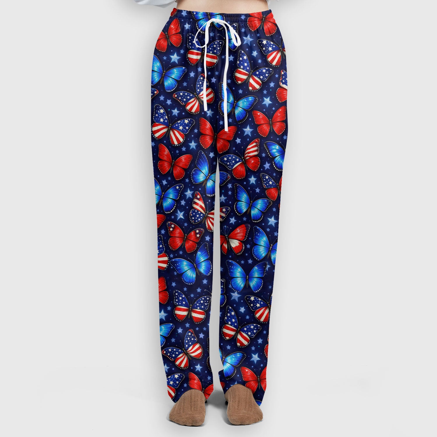 Patriotic Butterfly Stars Pattern Scrubs Sets, Scrub Pants and V Neck Top