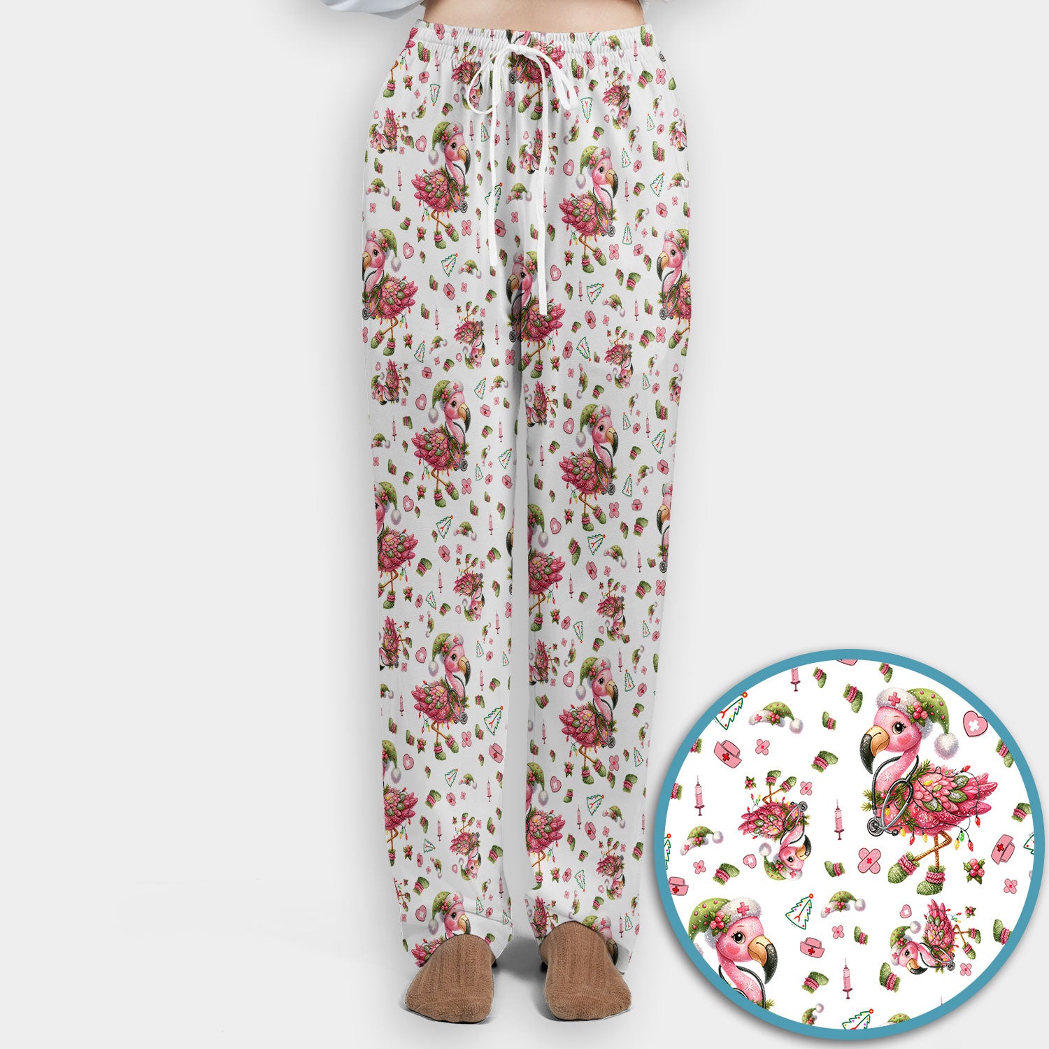 Pink Flamingo Christmas Scrub Set - Cute Flamingo Scrubs Pants and V Neck Top - Fun Christmas Medical Uniform