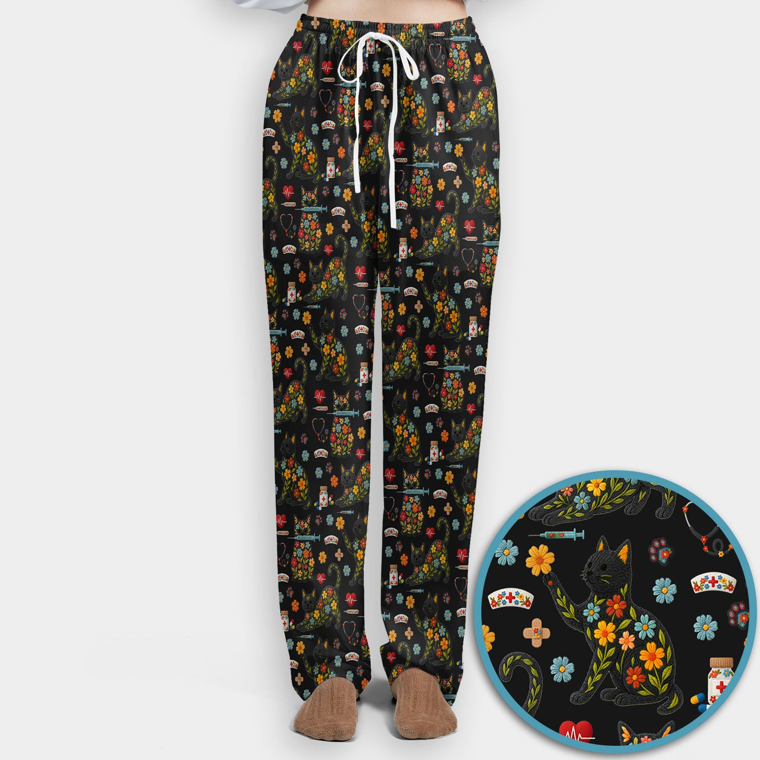 Floral Black Cat Pattern Scrub Set, Cute Cat Nurse Scrub Shirt, Medical Nursing Uniform