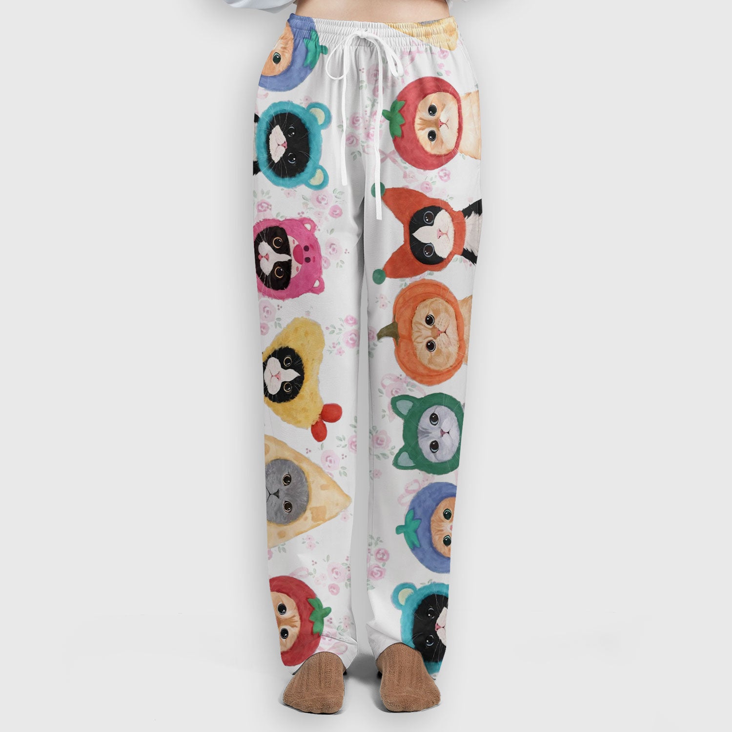 Funny Cartoon Cat Print Scrub Set, Scrub Pants and V Neck Top