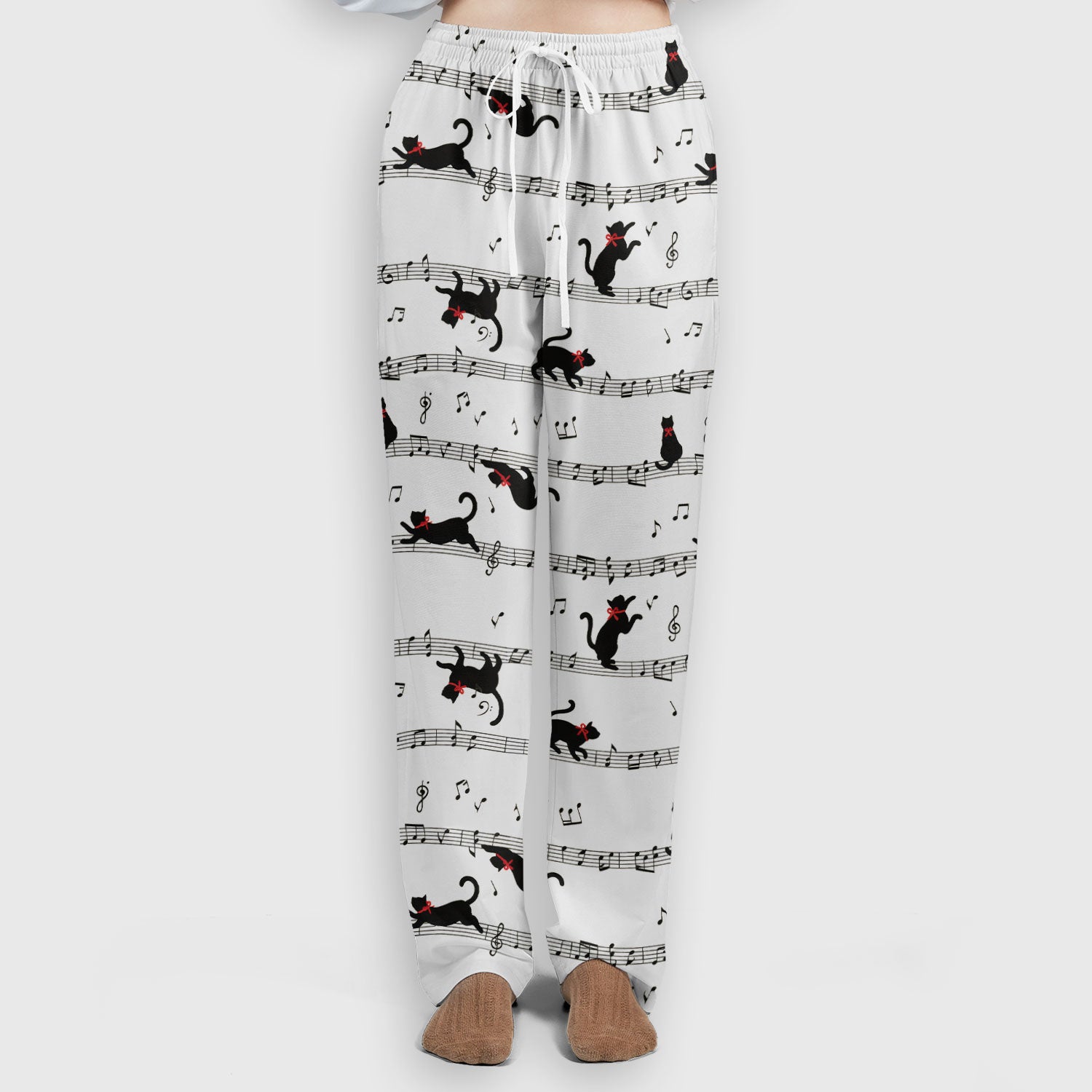 Cute Dancing Black Cat Music Staff Pattern Scrub Set, Scrub Pants and V Neck Top