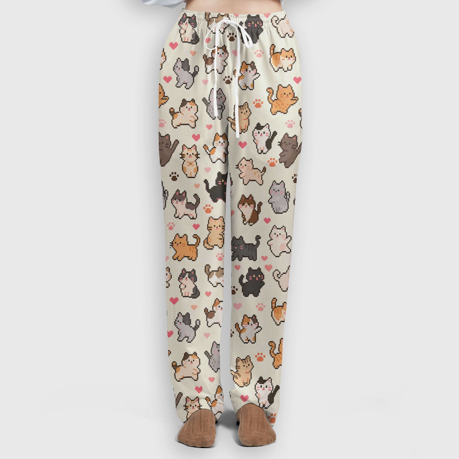 Cute Pixel Cat Heart Paw Pattern Scrub Set, Women's Scrub Sets