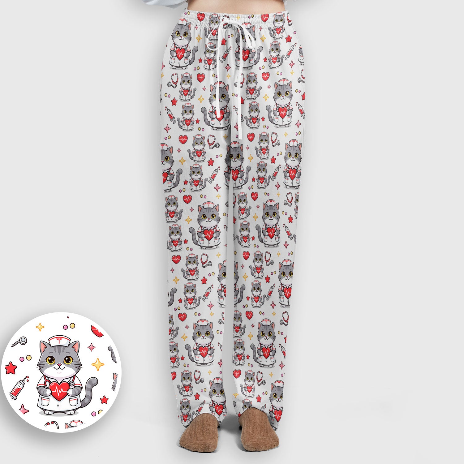 Cute Nurse Cat Heart Medical Print Scrub Set, Scrub Pants and V Neck Top