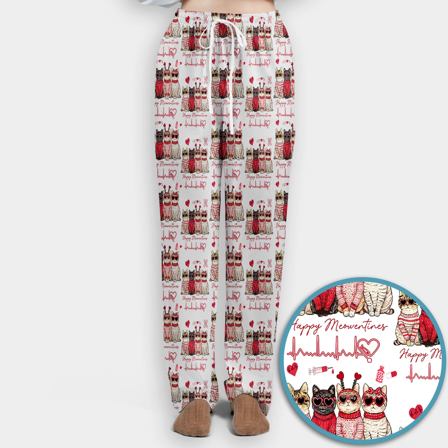 Happy Meowtines Cat Pattern Scrub Set, Valentine Cat Lover Nurse Scrub Shirt, Heartbeat Medical Pattern Nursing Uniform