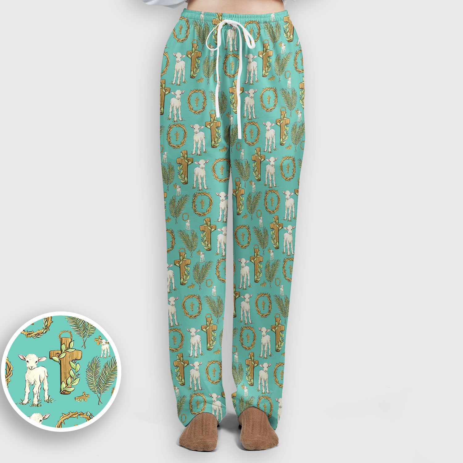Faith Lamb Cross Pattern Women's Scrub Set, Scrub Pants and V Neck Top