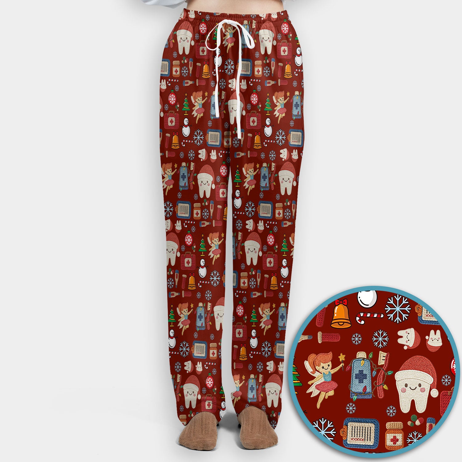Christmas Dental Scrub Set - Cute Santa Tooth & Snowman Scrubs Pants and V Neck Top - Funny Holiday Gift for Dentists, Hygienists