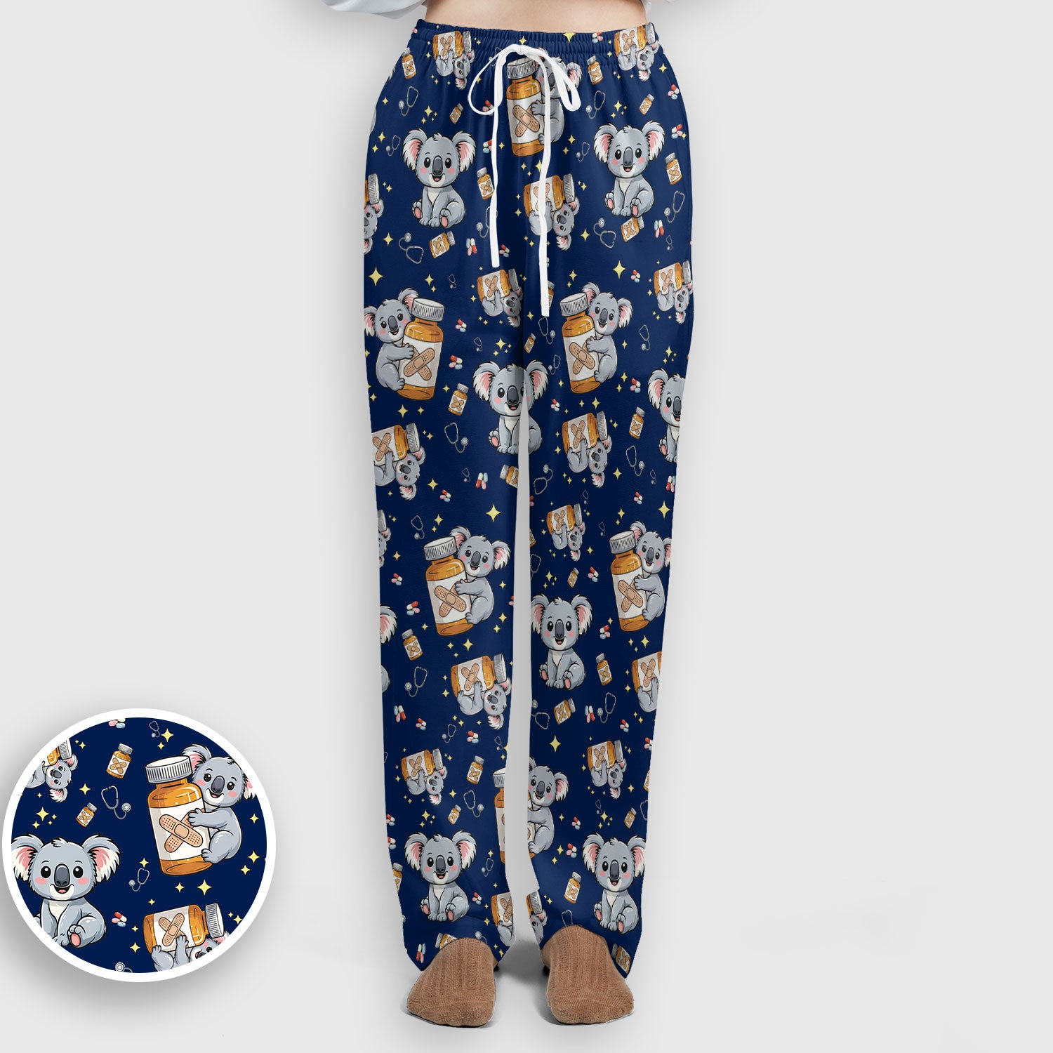 Cute Koala Nurse Bandage Medicine Print Scrub Set, Breathable Med Uniform