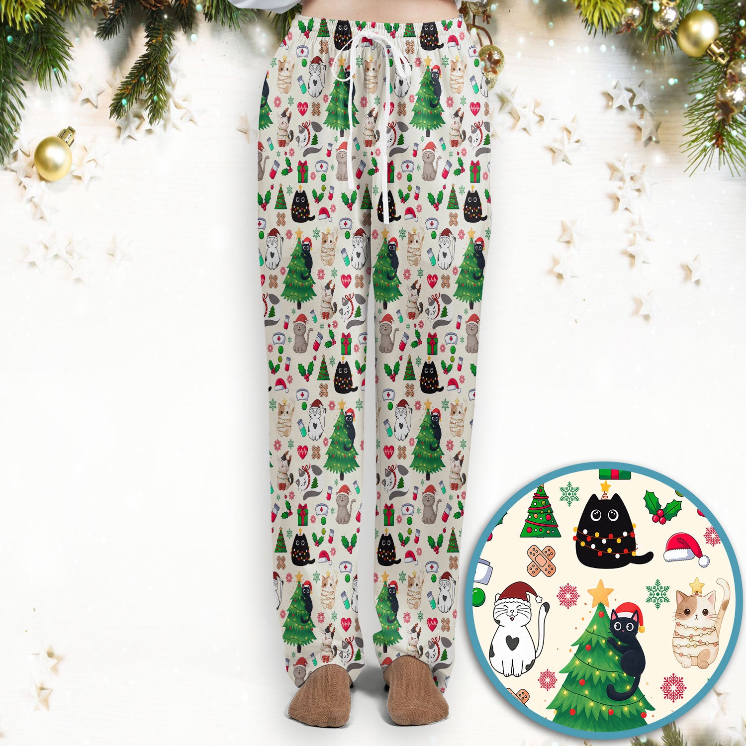 Christmas Cat Scrub Set, Xmas Pet Pattern Scrub Shirt, Breathable Fabrics Nursing Uniform