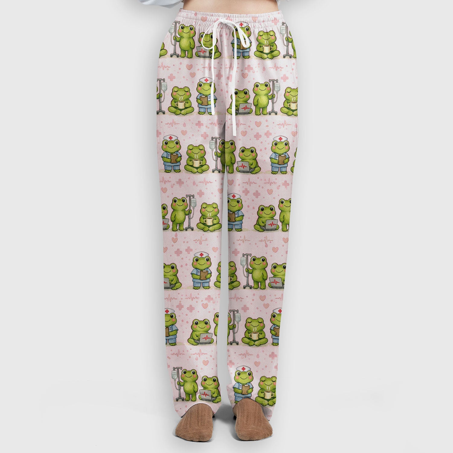 Adorable Frog Nurse Various Poses Print Scrub Set, Breathable Med Uniform