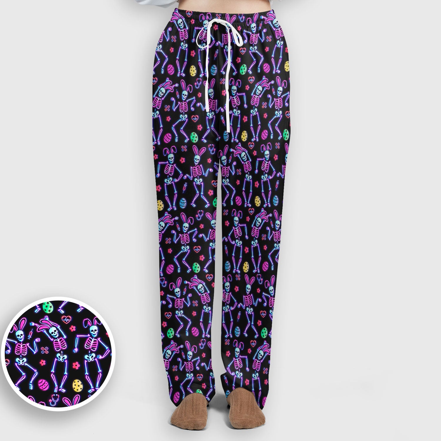 Neon Easter Skeleton Print Scrub Set, Scrub Pants and V Neck Top