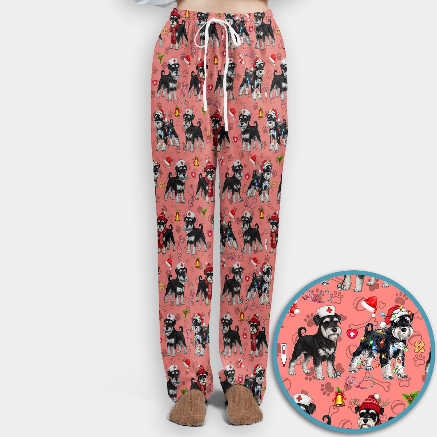 Christmas Schnauzer Scrub Set for Nurses - Cute Dog Holiday Scrubs Pants and V Neck Top - Funny Santa Nursing Medical Shirt for Women