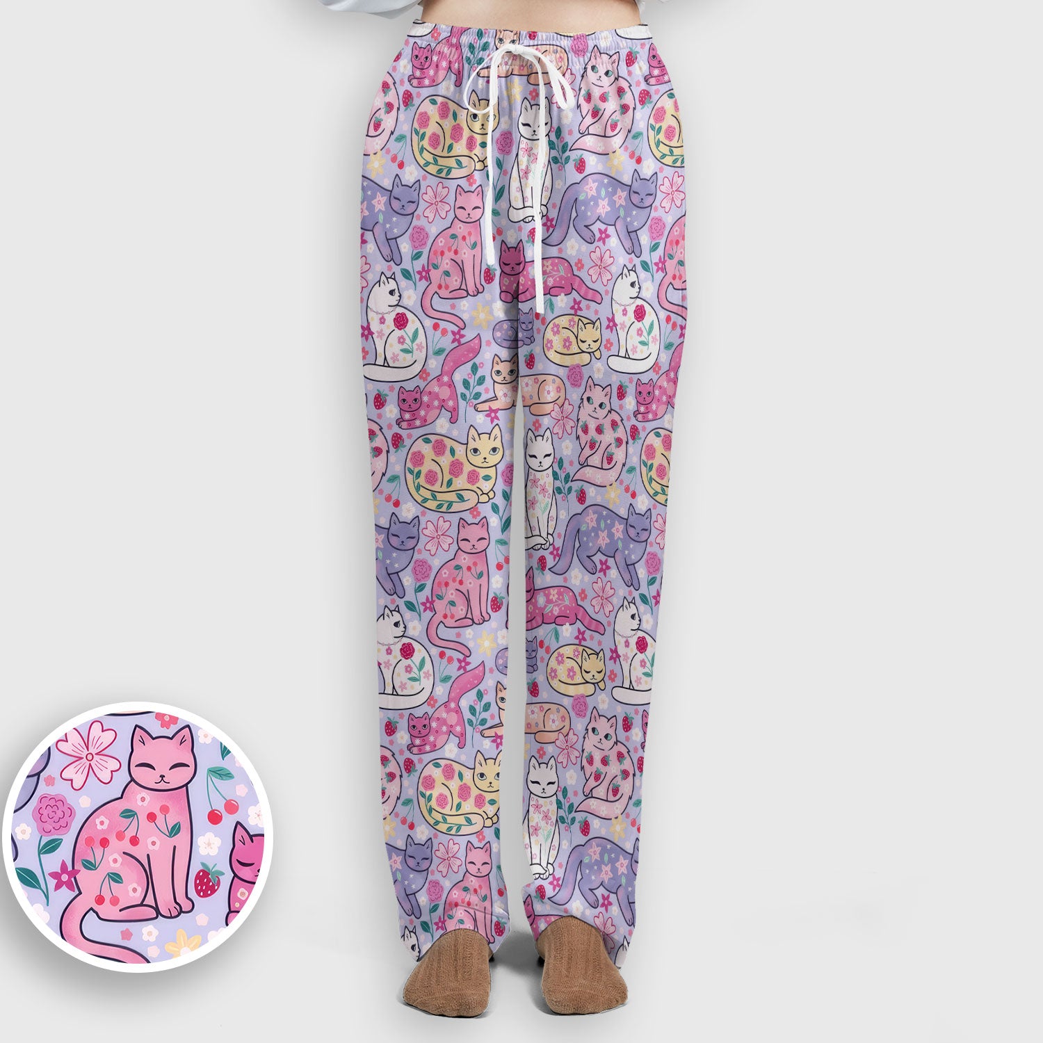 Funny Colorful Pastel Cats Floral Strawberry Print Set, Women's Scrub Sets