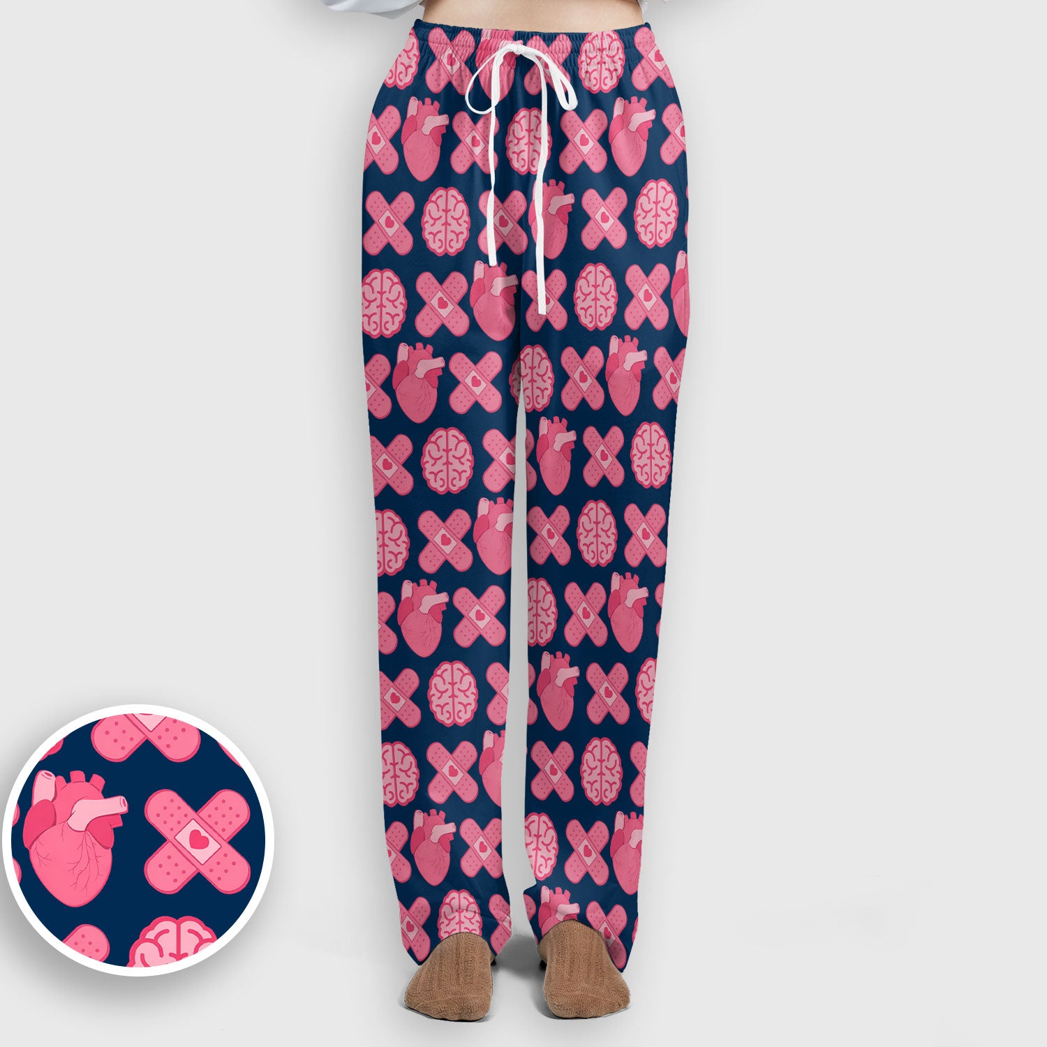 Heart & Brain Medical Icon Pattern Scrub Set, Scrub Pants and V Neck Top