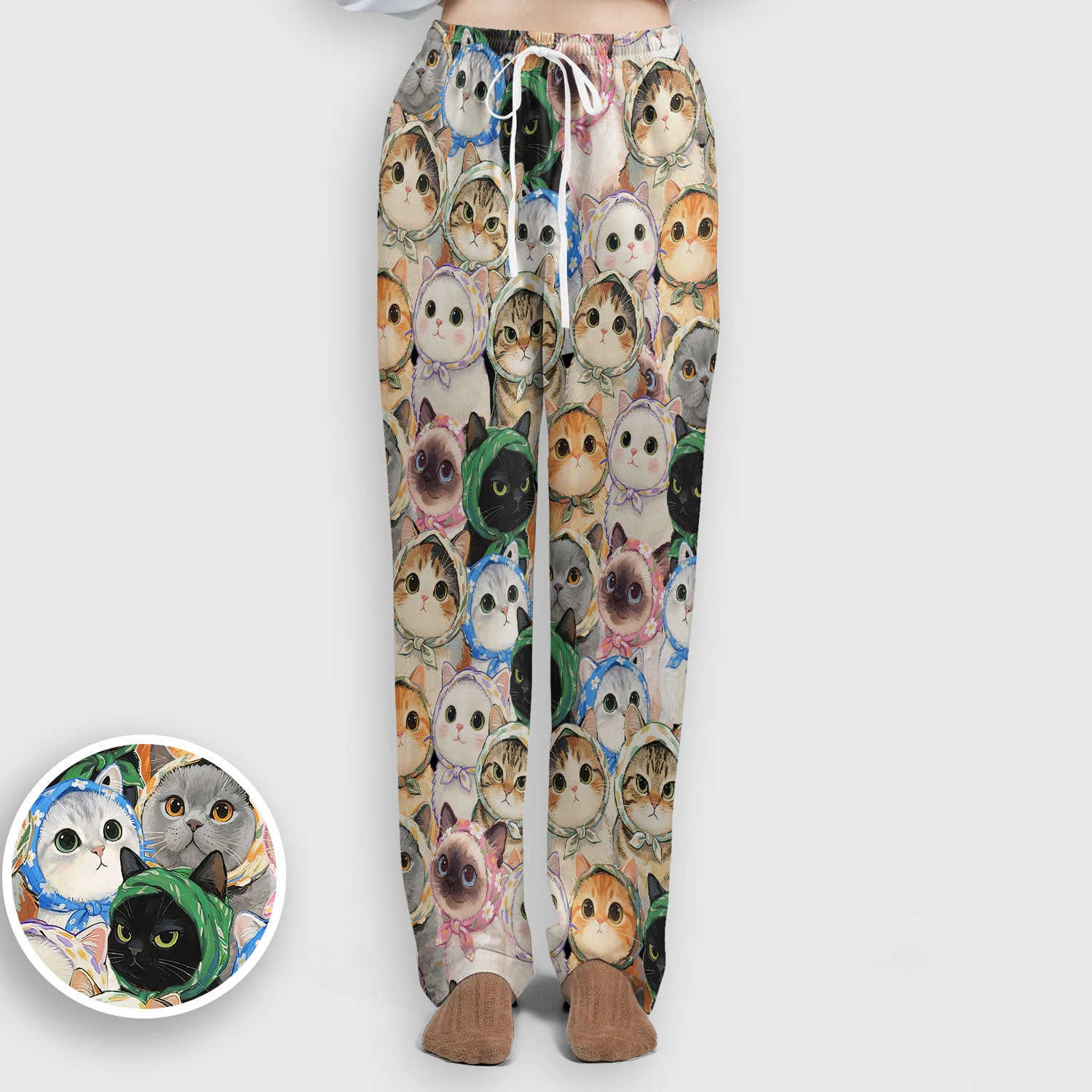 Adorable Multi Cat Portrait Pattern Scrub Set, Scrub Pants and V Neck Top