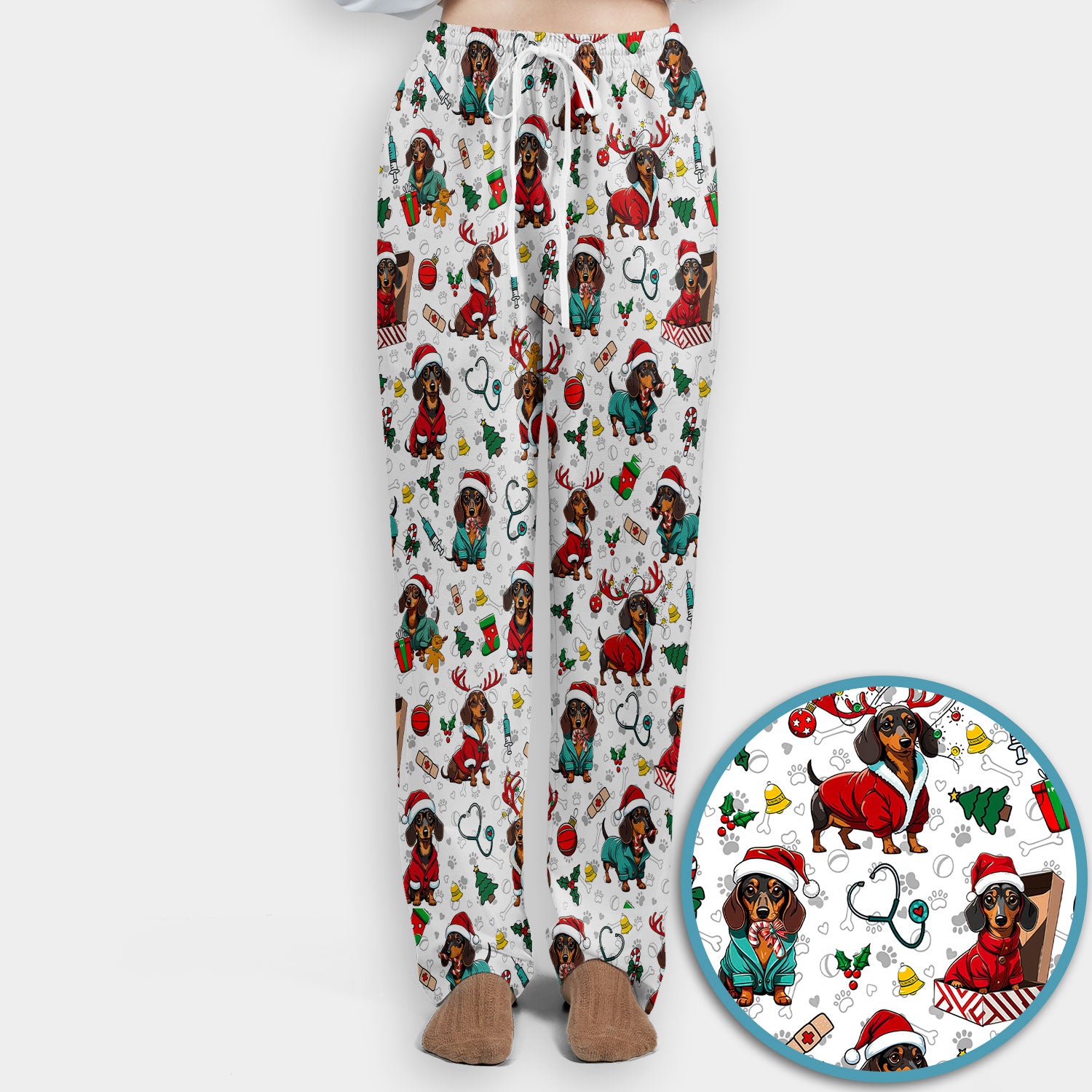 Christmas Dachshund Scrub Set for Nurses - Cute Sausage Dog Holiday - Funny Reindeer & Santa Scrubs Pants and V Neck Top
