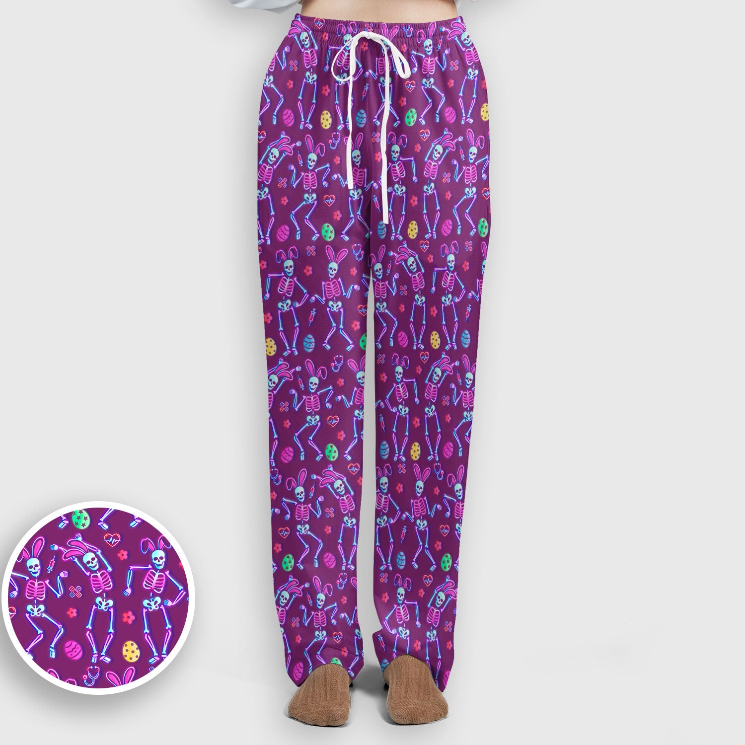 Neon Easter Skeleton Print Scrub Set, Scrub Pants and V Neck Top