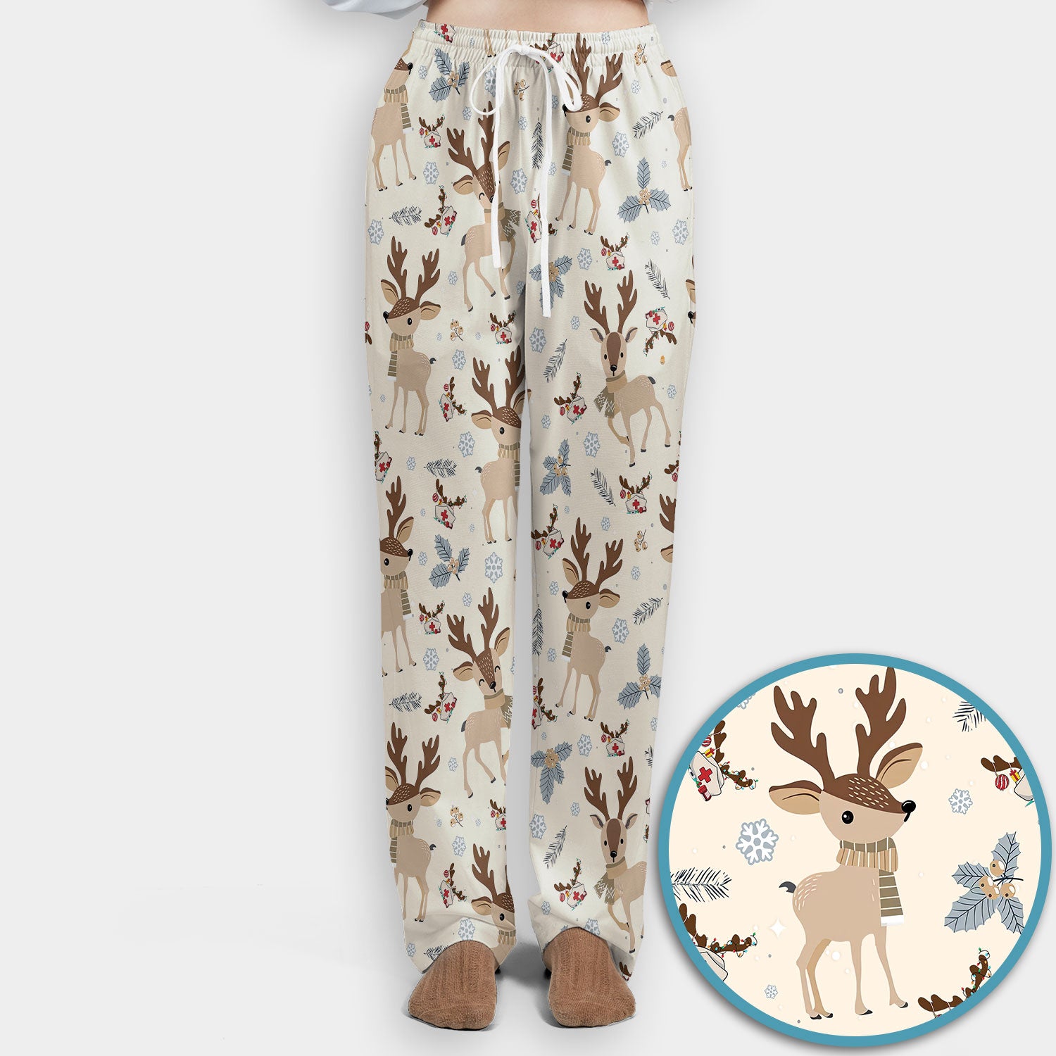 Reindeer Christmas Scrub Set - Cozy Beige Holiday Nurse Shirt with Cute Deer Pattern - Festive Medical Scrubs Pants and V Neck Top