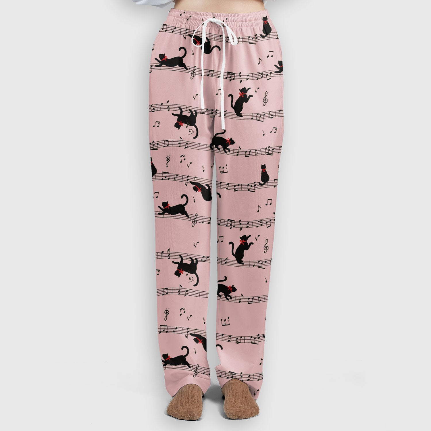 Cute Dancing Black Cat Music Staff Pattern Scrub Set, Scrub Pants and V Neck Top