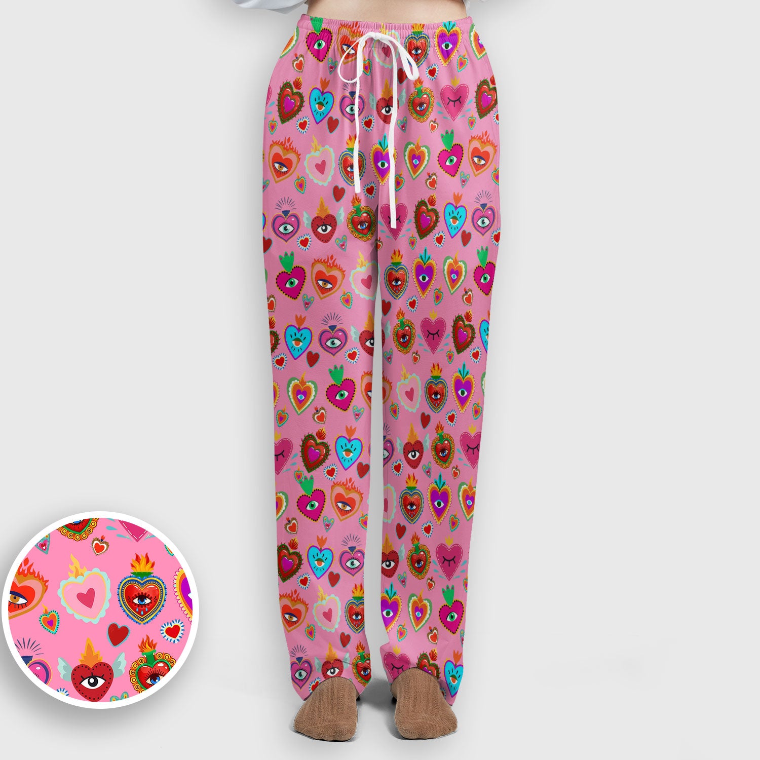 Valentine Colorful Sacred Heart Print Women's Scrub Set, Scrub Pants and V Neck Top
