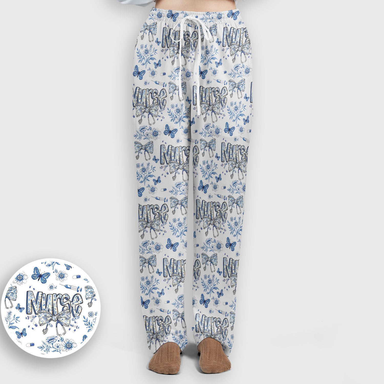 Blue Nurse Bow Butterfly Floral Pattern Scrub Set,  Breathable Med Uniform