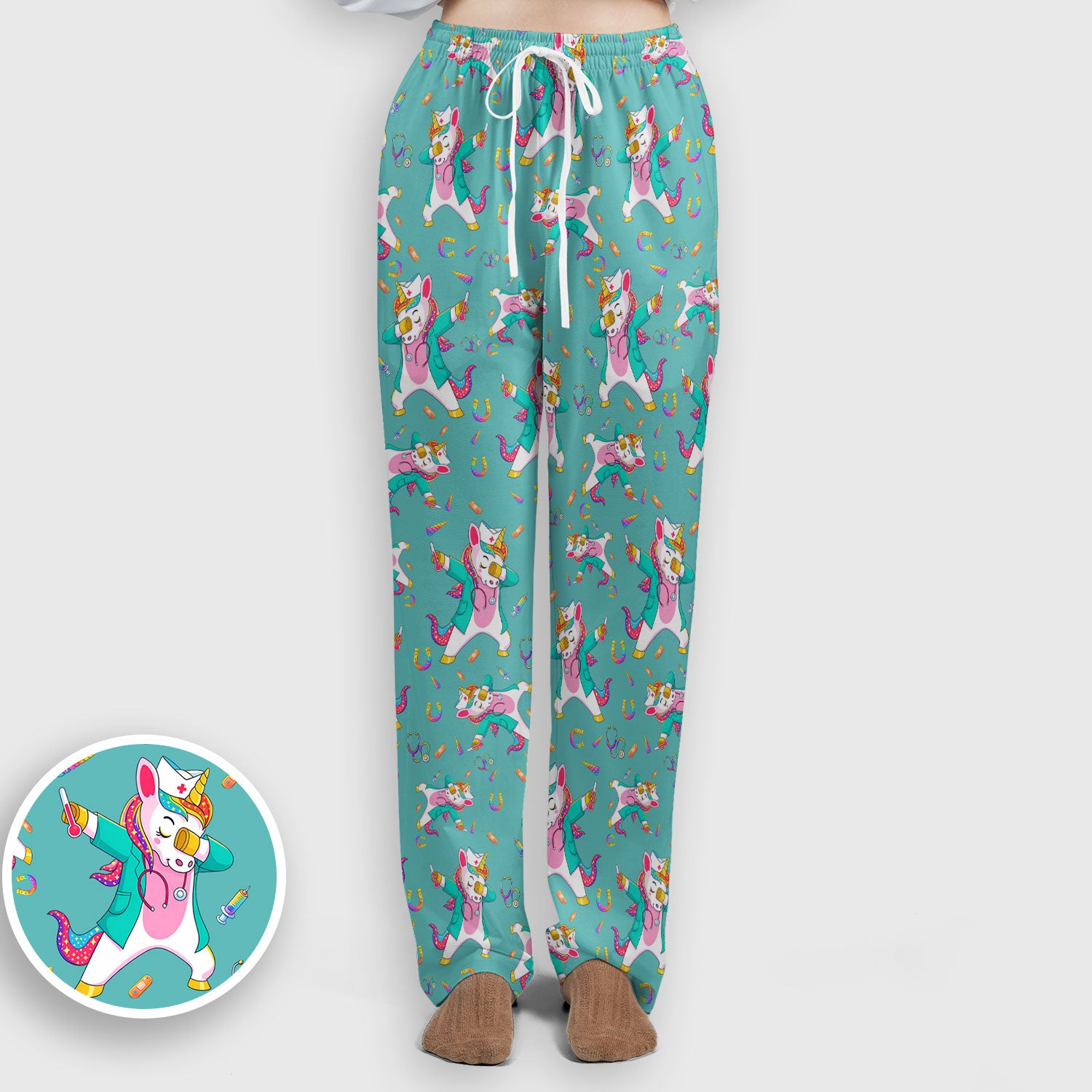 Cute Unicorn Nurse Dance Pattern Women's Sets, Scrub Pants and V Neck Top